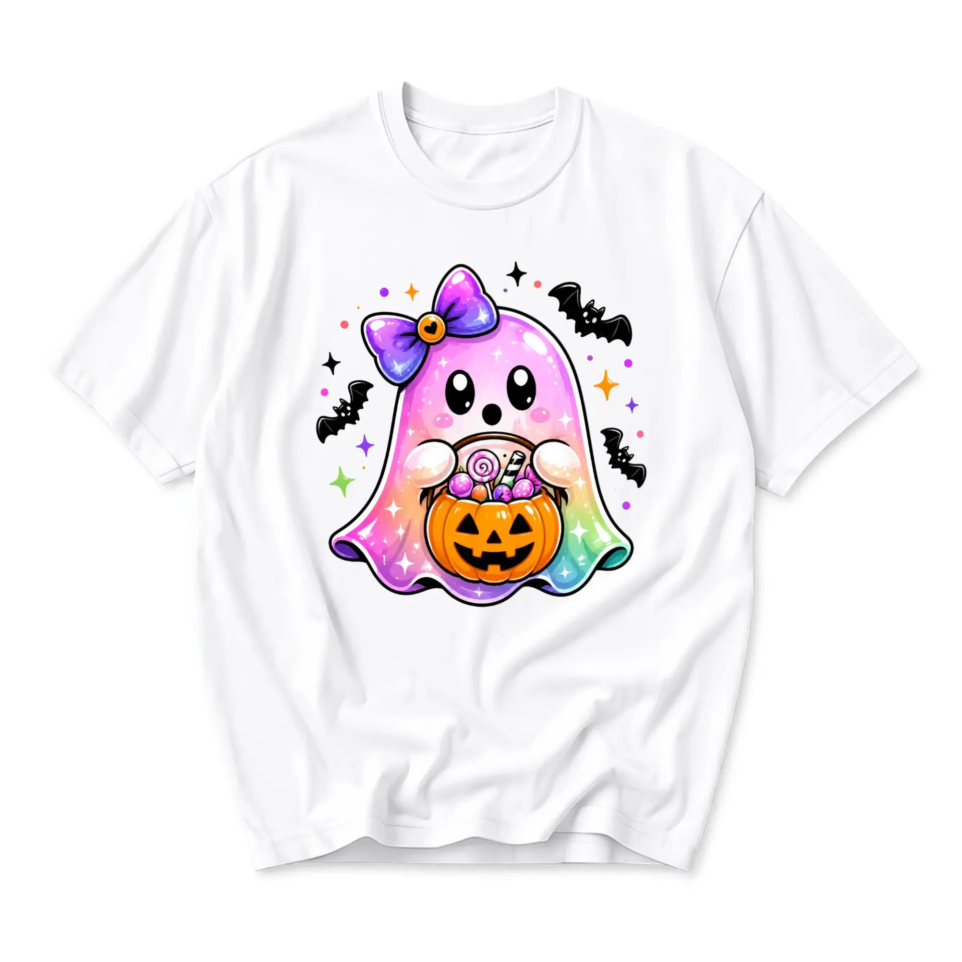 Graphic Tee Cute Pastel Rainbow Ghost Carrying Pumpkin Candy Bucket Illustration Unisex Casual Everyday Cotton Shirt