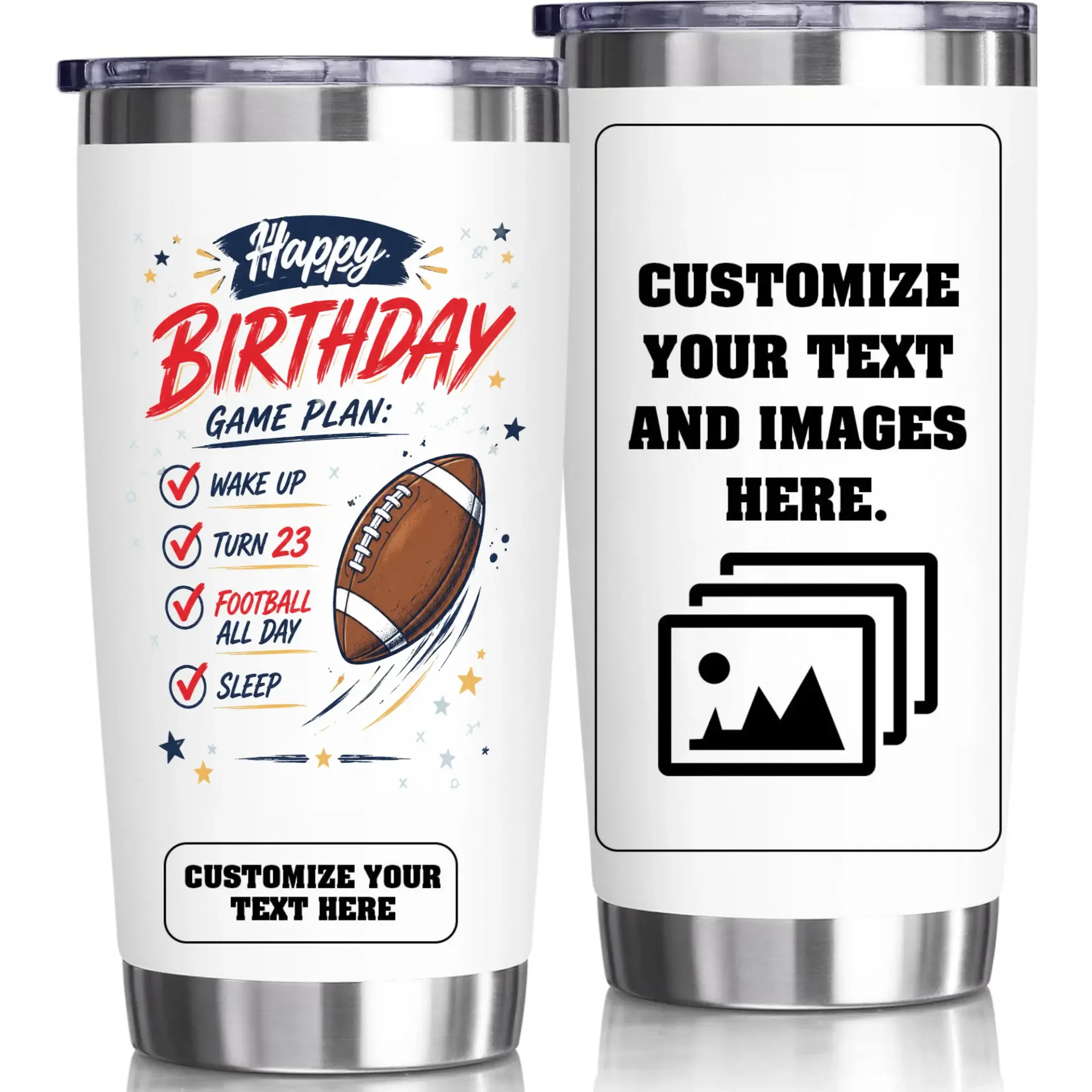 Stainless Steel Tumbler 20oz Football Birthday Themed Insulated Travel Cup with Personalized Custom Text Areas