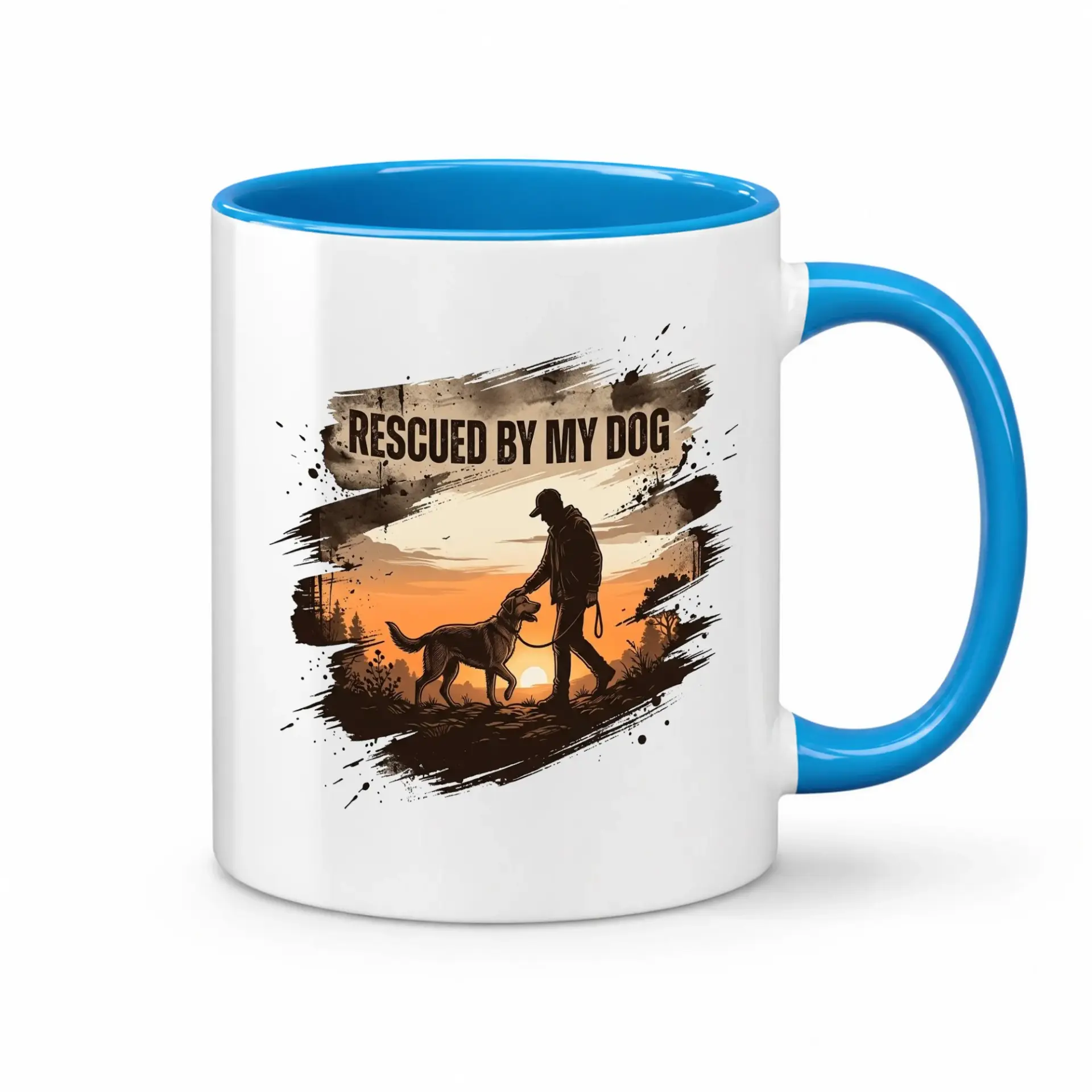 Dog Lover Ceramic Coffee Mug Rescued by My Graphic Design Featuring a Man Walking with His Pet at Sunset Blue Rim