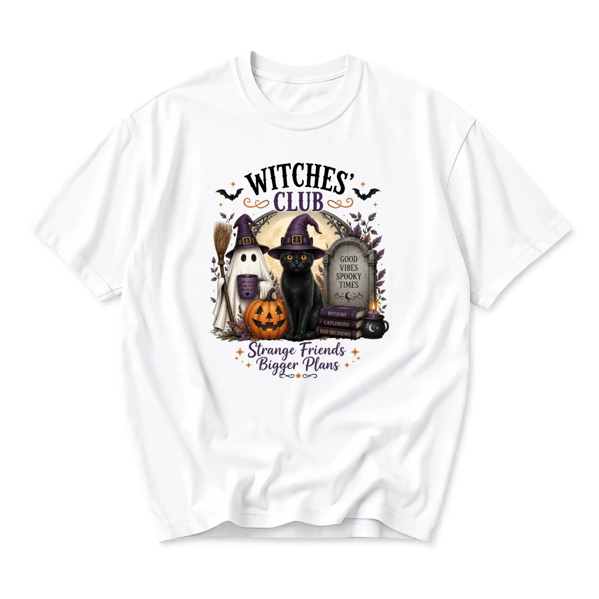 Funny Shirt Witches Club Graphic Tee Black Cat and Ghost Illustration Print for Seasonal Casual Apparel Lovers