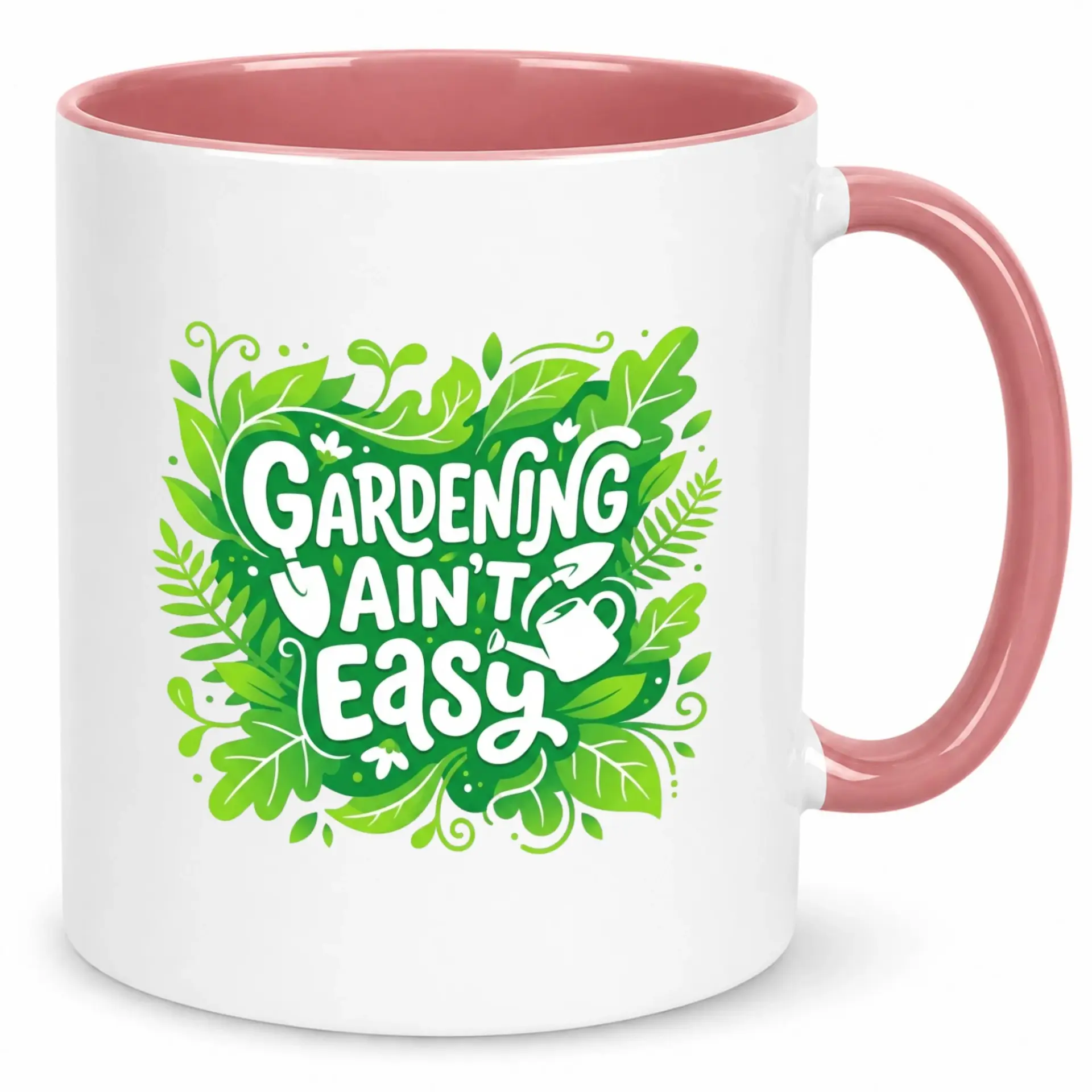 Funny Gardening Ain't Easy Ceramic Coffee Mug for Gardeners | Humorous Plant Lover White Tea Cup with Pink Handle and Interior