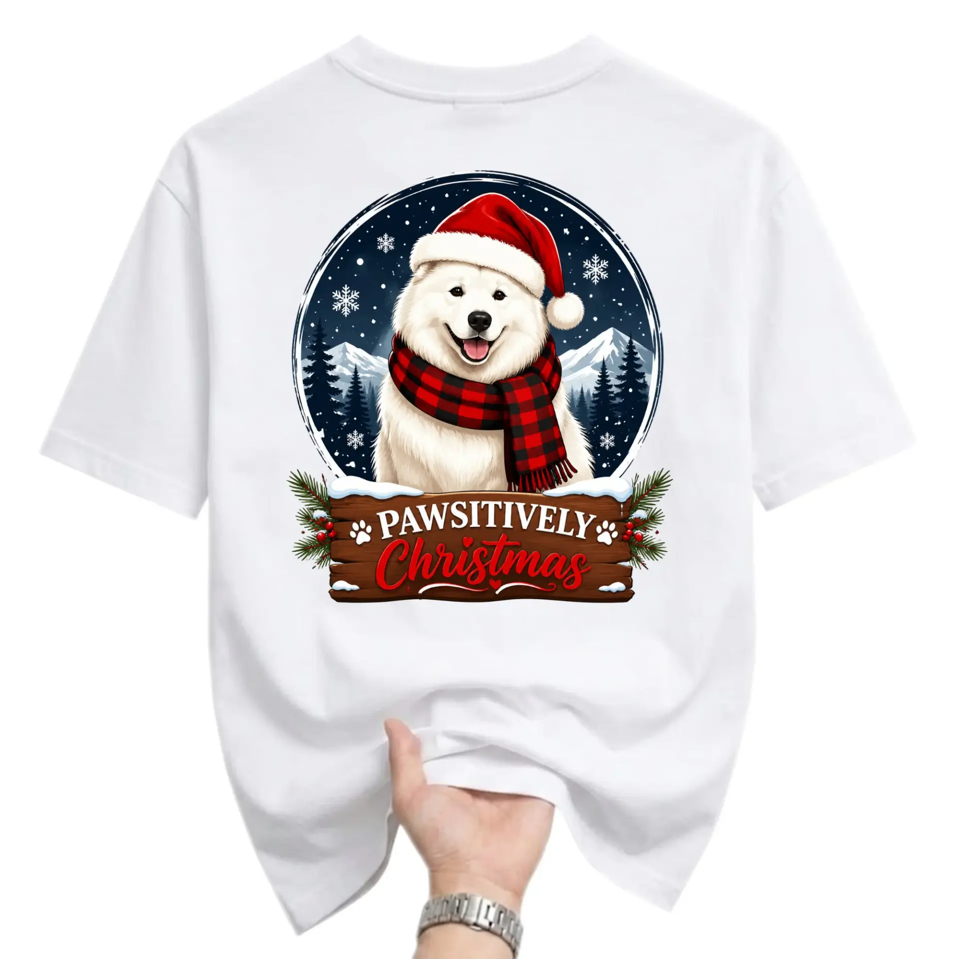 Graphic Tee Pawsitively Christmas Samoyed Dog Santa Hat Holiday Unisex Crew