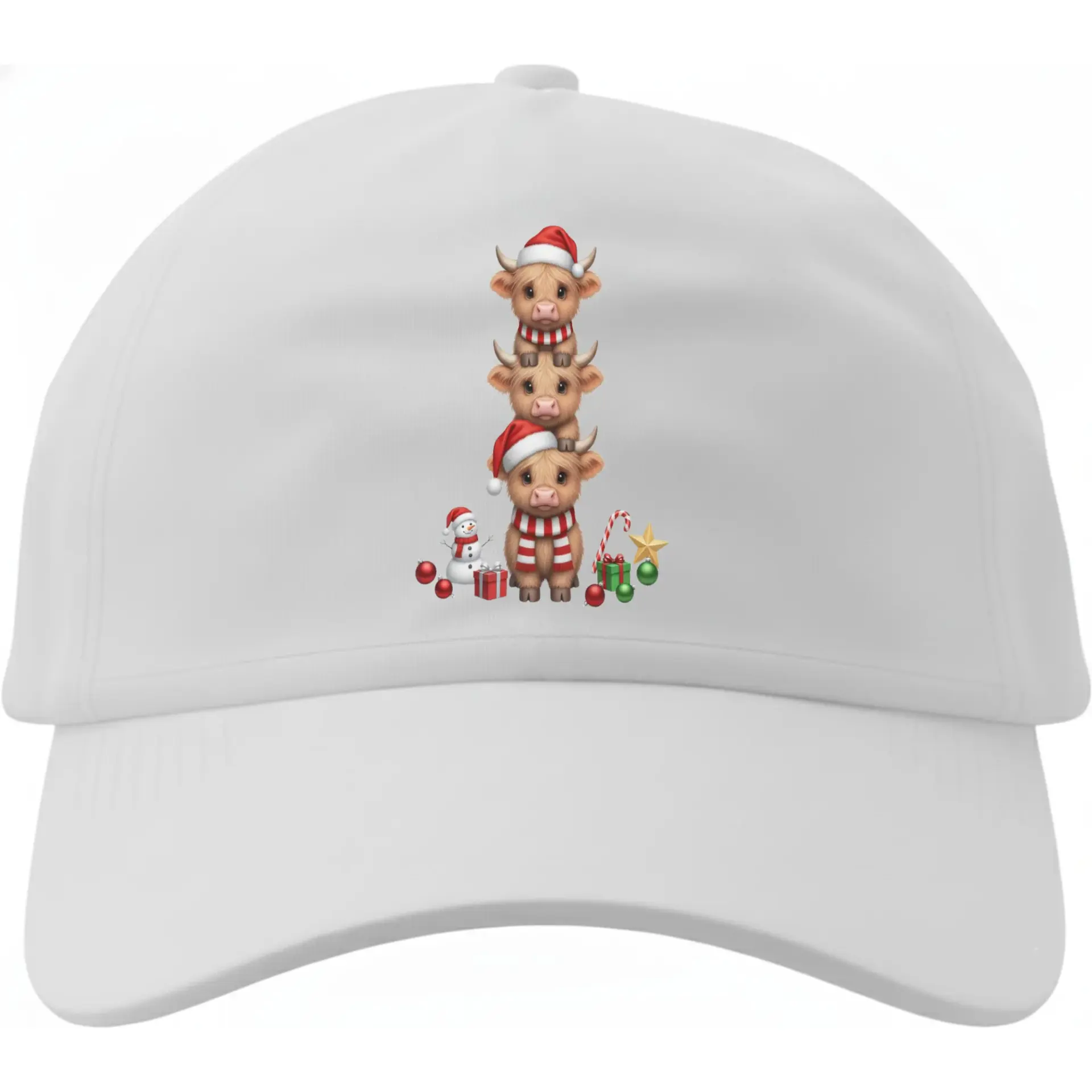Baseball Cap Featuring Cute Stacked Highland Cattle Christmas Graphic Print for Holiday Casual Everyday Wear Apparel