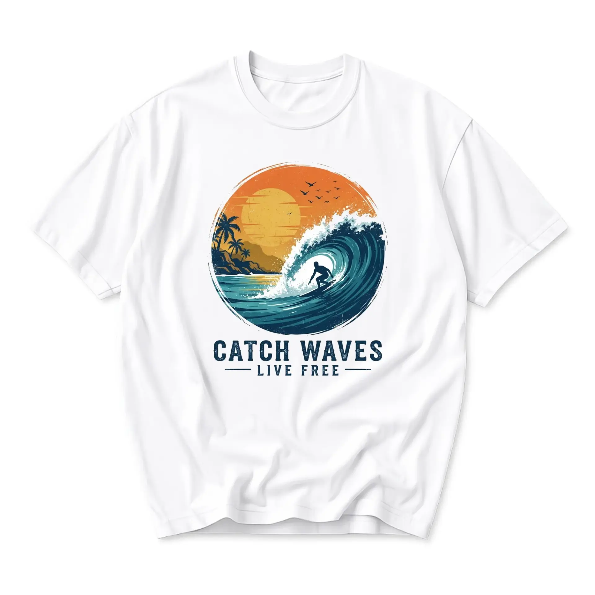 Graphic Tee Catch Waves Live Free Surfing Shirt Vintage Style Summer Beach Design Unisex Crew Neck Apparel White