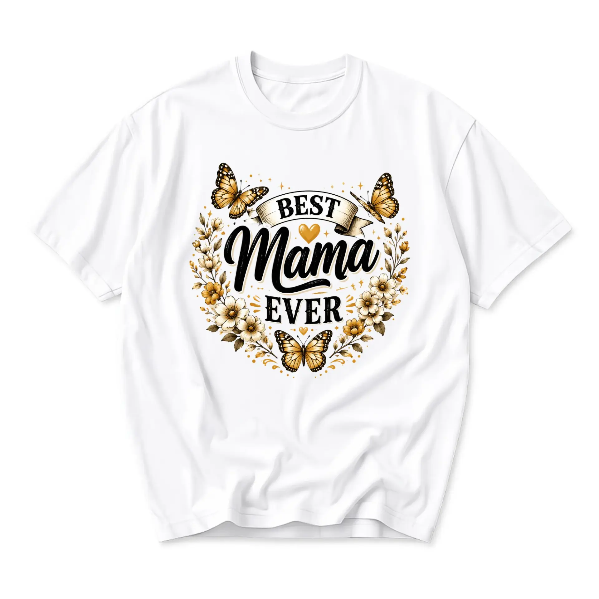 Funny Shirt Best Mama Ever Graphic Printed T-Shirt Floral Butterfly Illustration Casual Unisex Crew Neck Apparel