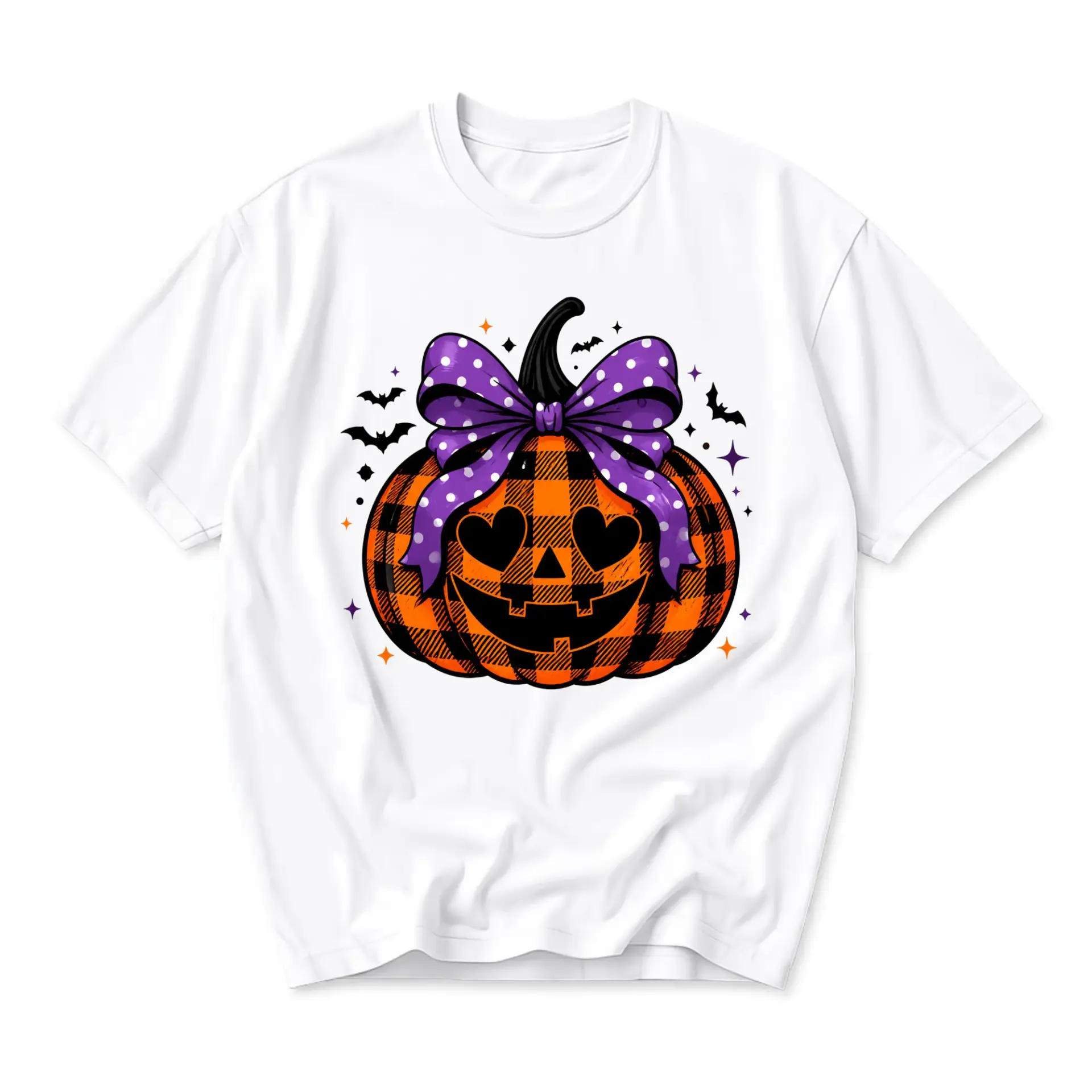 Graphic Tee Pumpkin with Purple Bow and Heart Eyes Print Unisex Casual Fall Holiday Crew Neck Short Sleeve Shirt