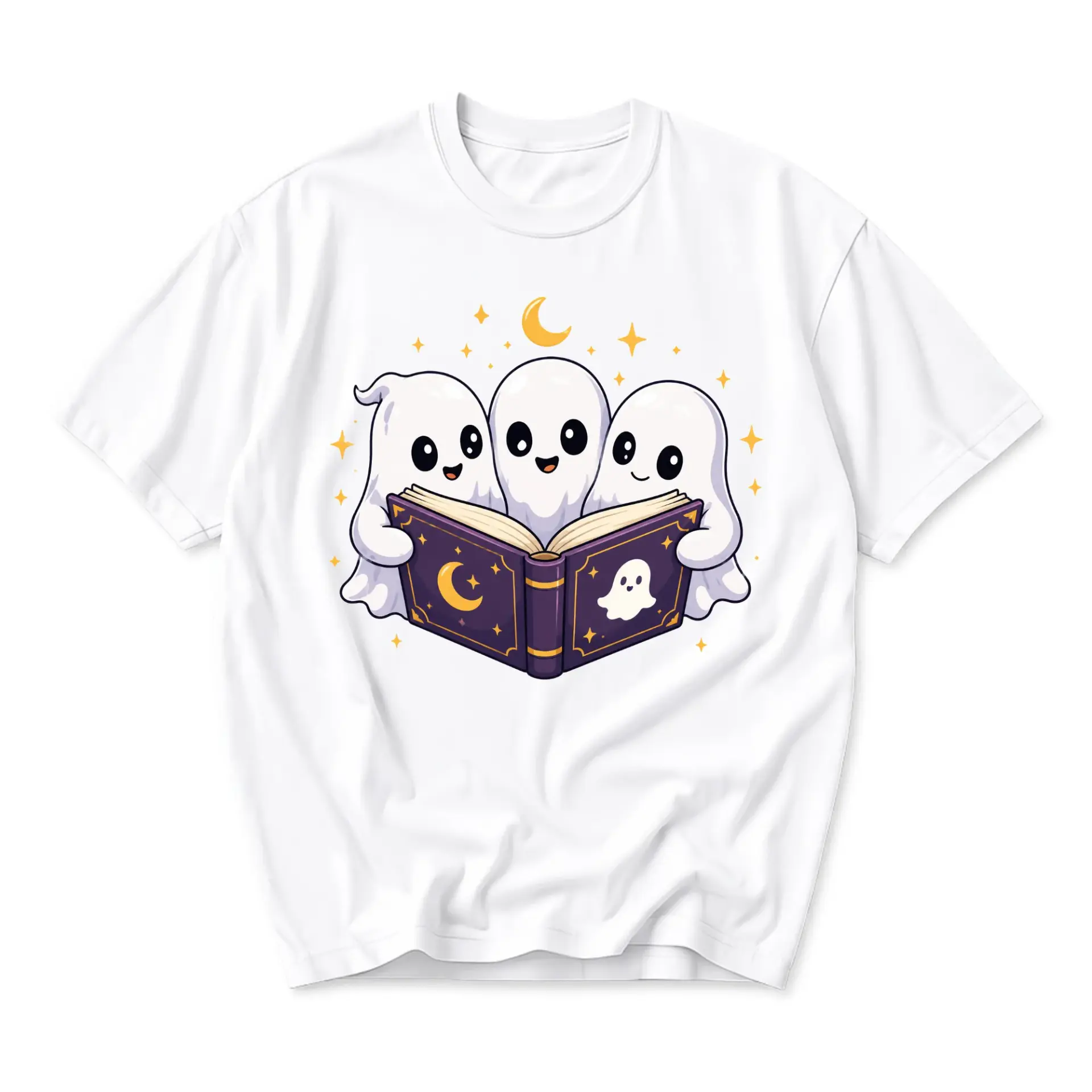 Graphic Tee Ghost Trio Reading a Book Design Unisex Crew Neck Short Sleeve Casual Cotton Blend Comfortable Shirt