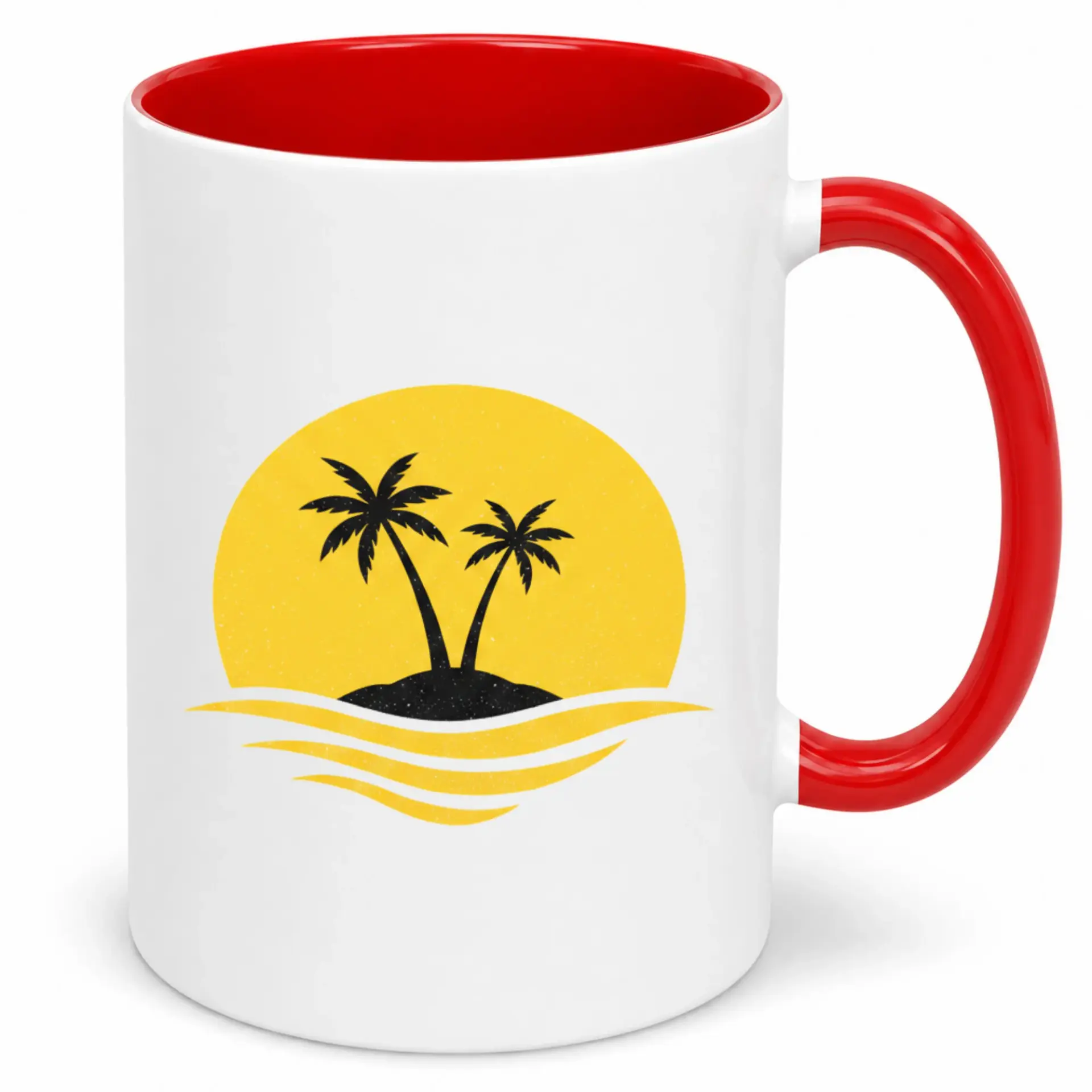 Ceramic Coffee Mug with Tropical Island Sunset Palm Trees Design, 11oz or 15oz White Drinkware for Home and Office