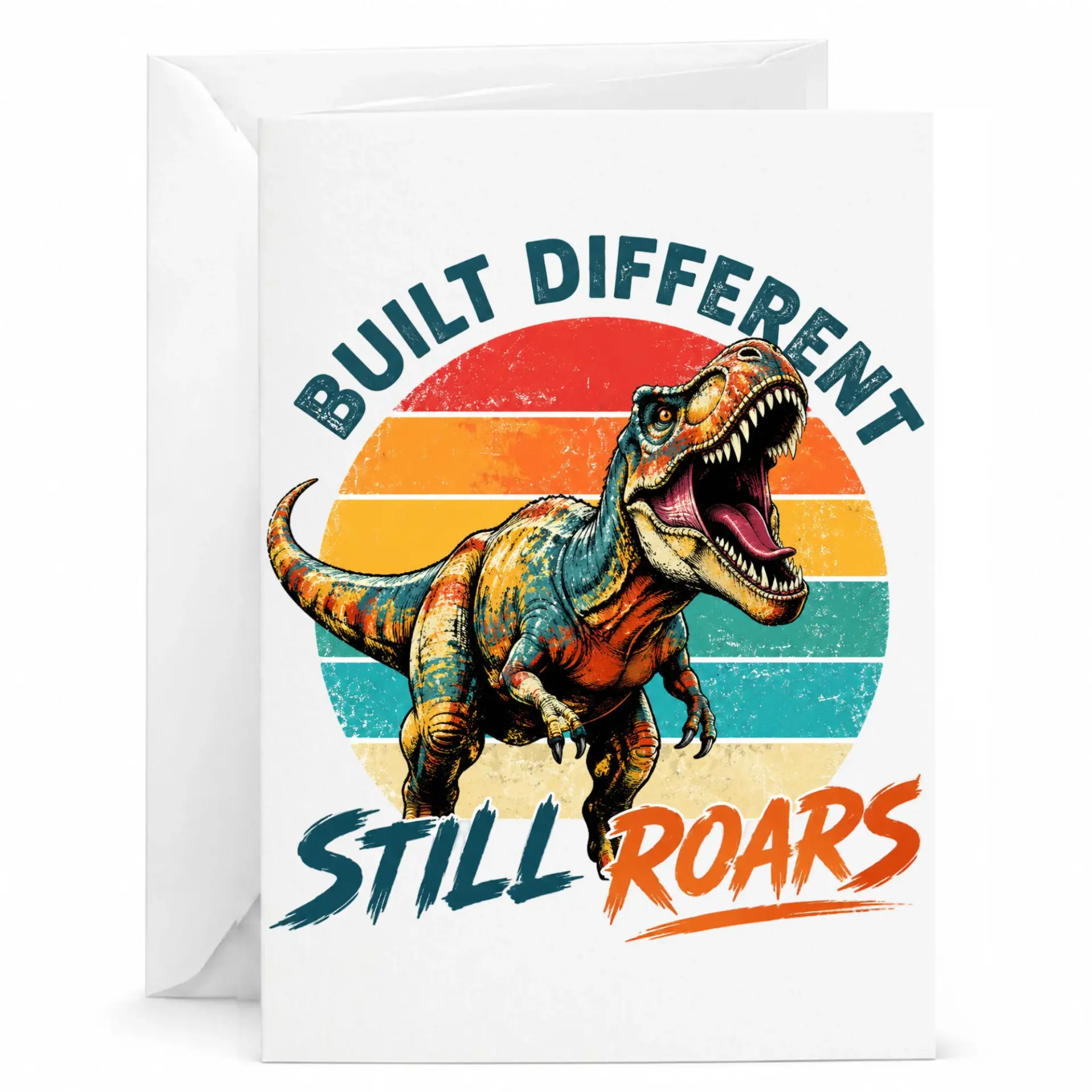 Funny Dinosaur Greeting Card Built Different Still Roars Vintage Sunset Design for Encouragement or Birthday Wishes