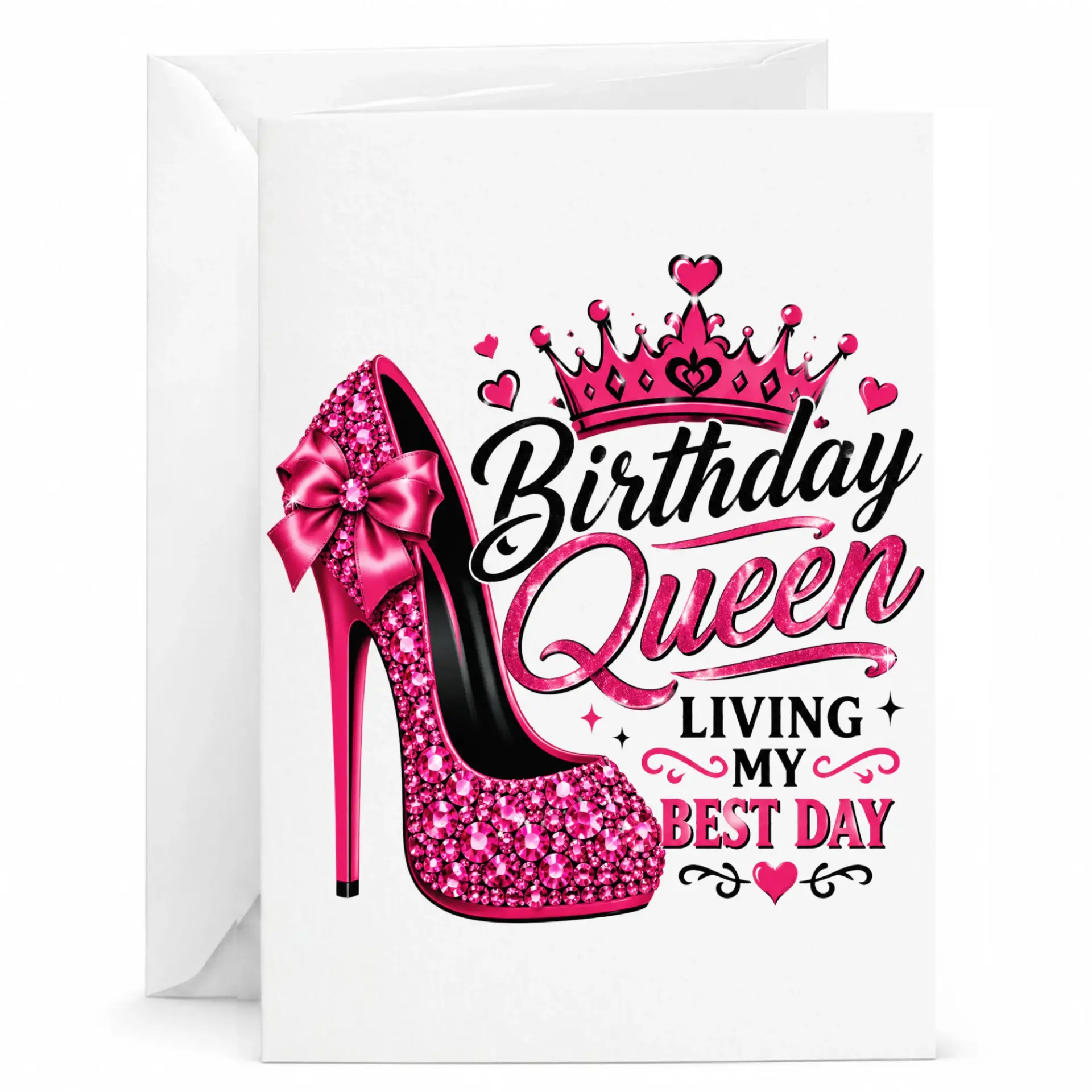 Birthday Queen Greeting Card with High Heel Shoe and Crown Design for Celebrations, Elegant Fashion Themed Stationery