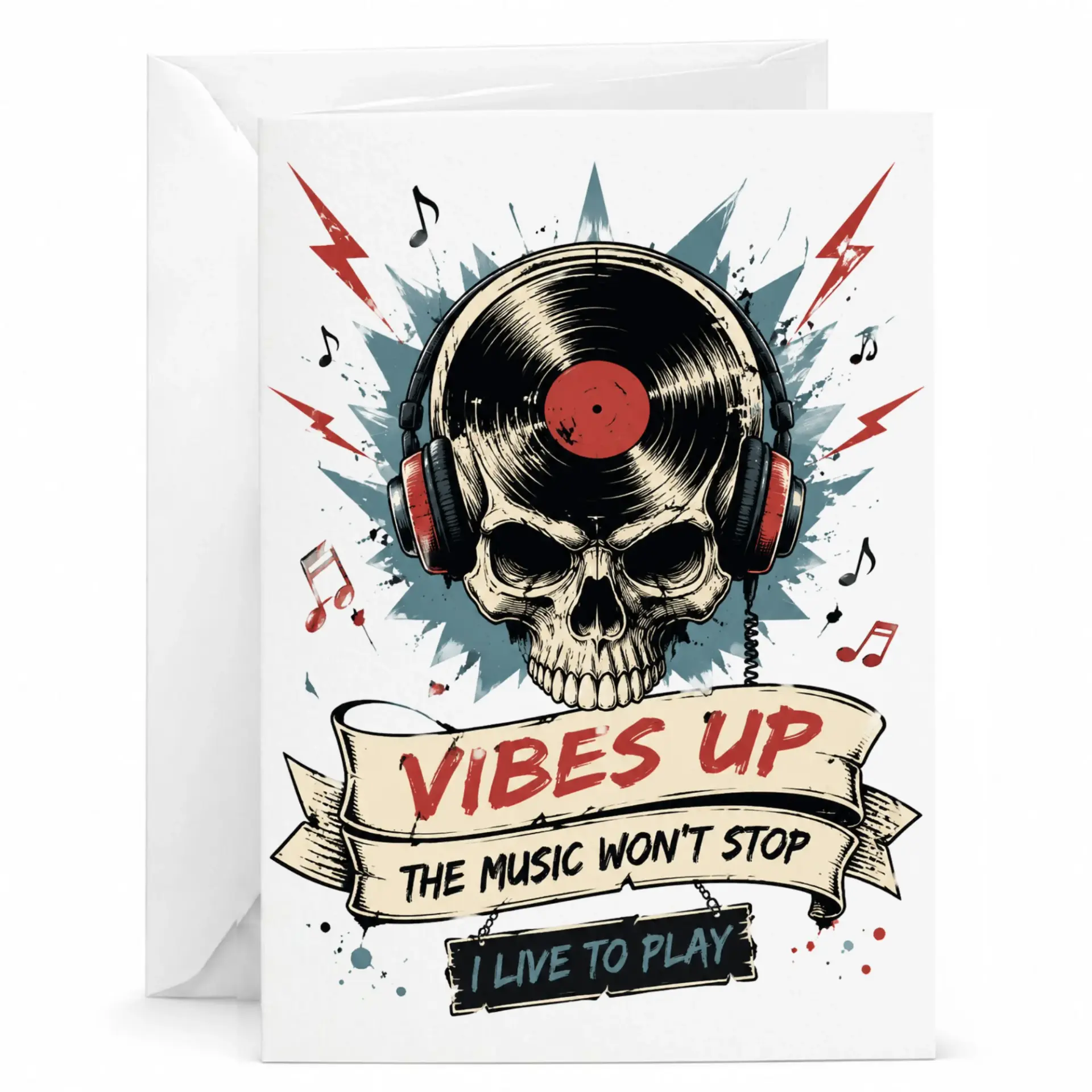 Funny Music Greeting Card with Skull and Headphones Design Unique Illustrated Art Stationary for Lovers Fans