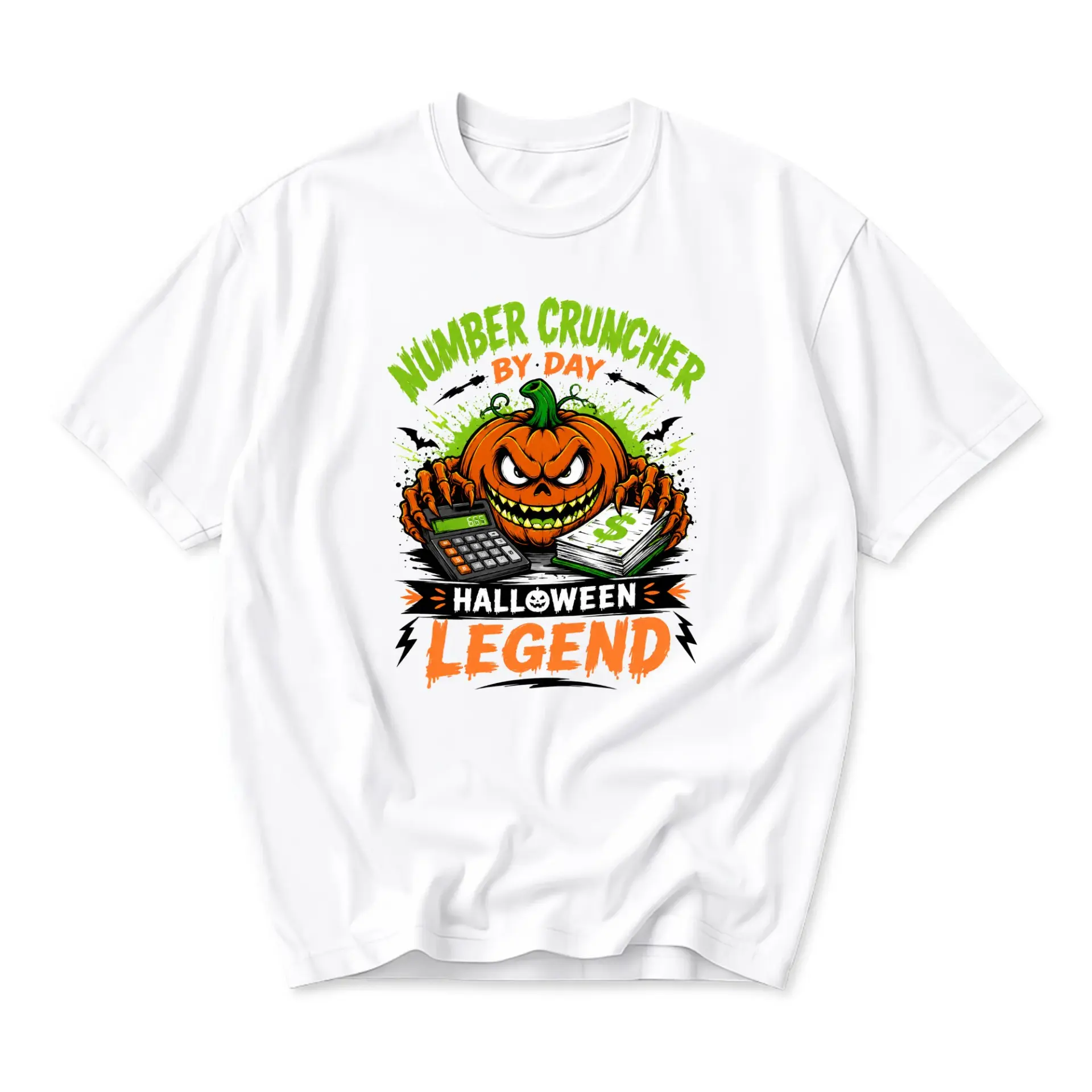 Funny Shirt Number Cruncher by Day Halloween Legend Graphic Tee Featuring a Spooky Pumpkin Accountant Design