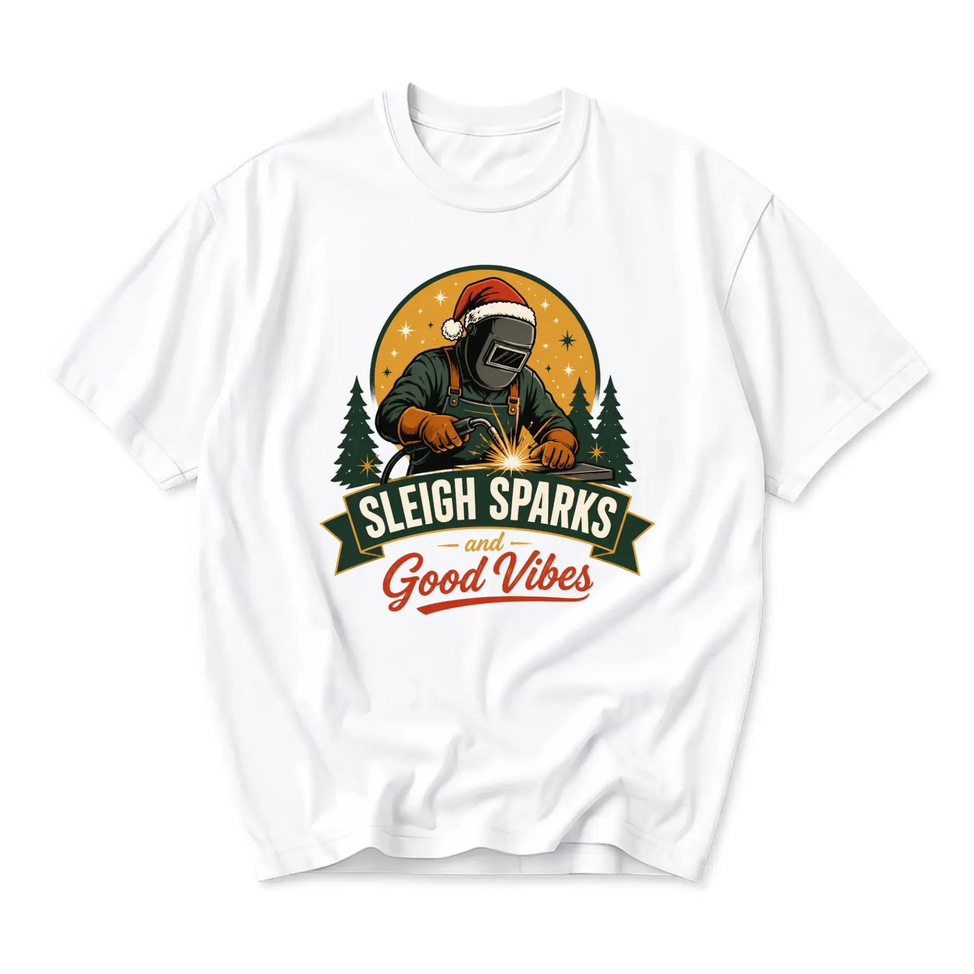 Funny Shirt Sleigh Sparks and Welder Christmas Graphic Tee Unisex Crew Neck