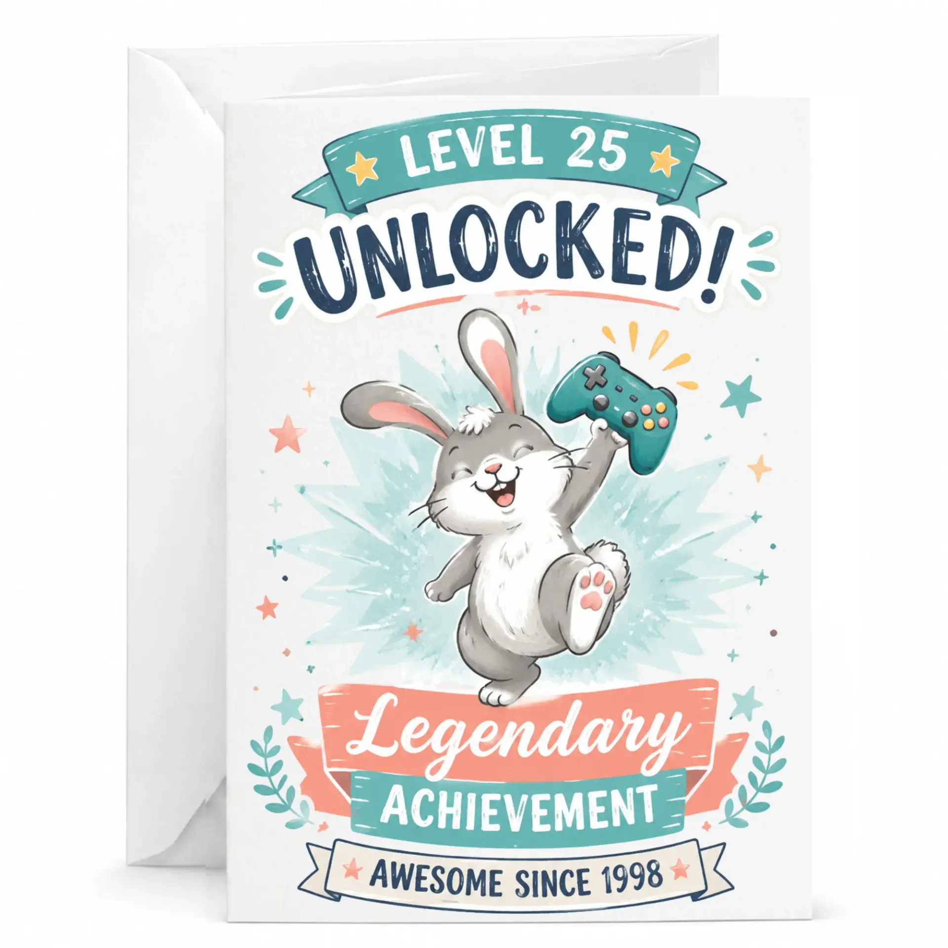 Birthday Card Level 25 Unlocked Funny Video Game Rabbit Greeting Card for 25th Birthday Anniversary Celebration
