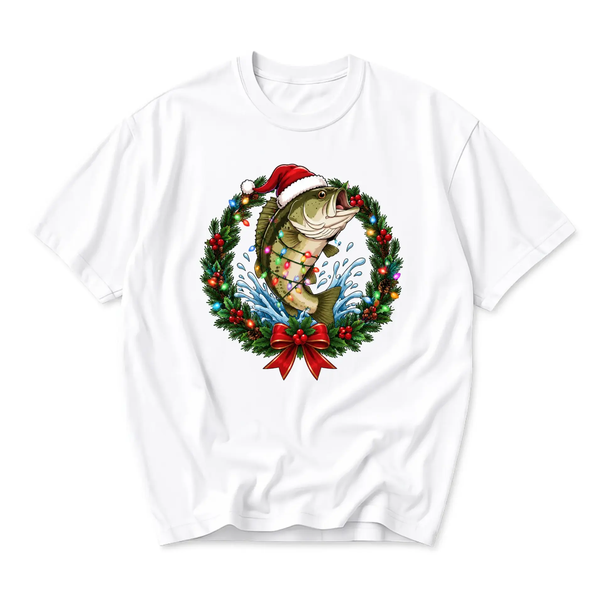 Graphic Tee Christmas Fishing Bass Fish Wearing Santa Hat Holiday Seasonal Unisex Crew Neck Casual Cotton T-Shirt