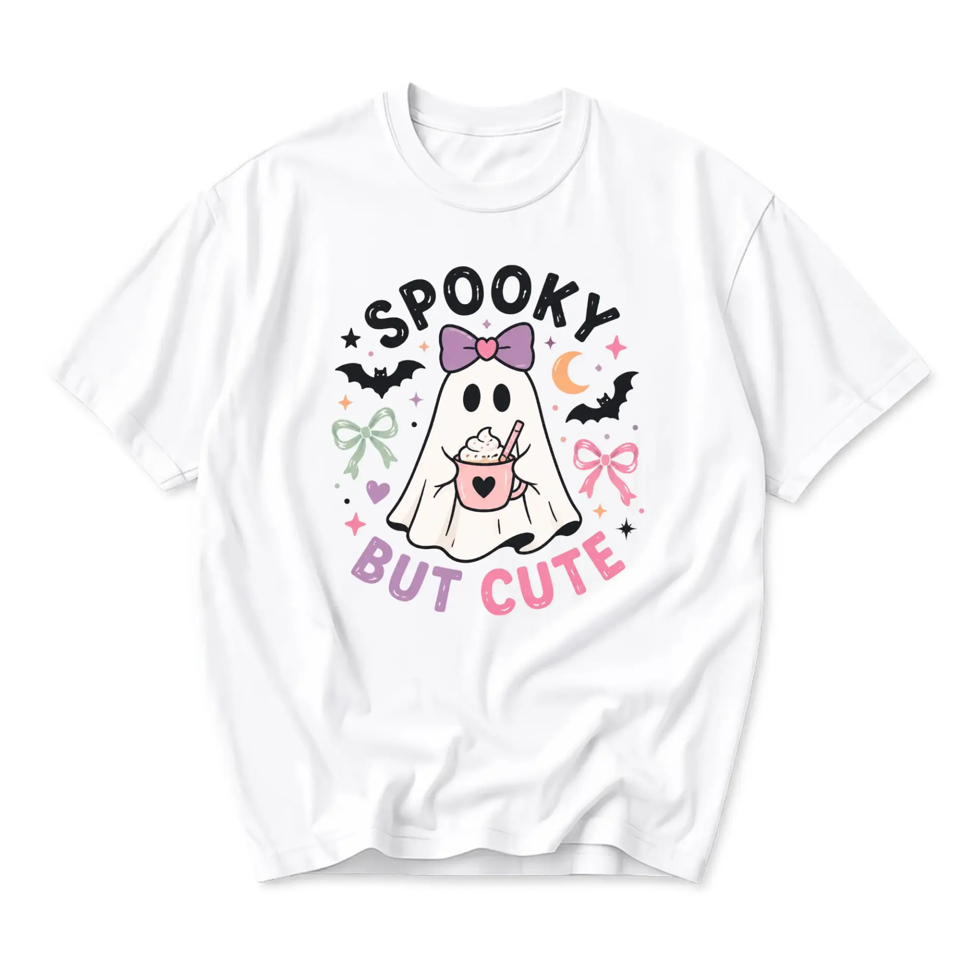 Funny Shirt Spooky but Cute Ghost Graphic Tee Soft Cotton Unisex Casual Crew Neck Halloween Themed Apparel White