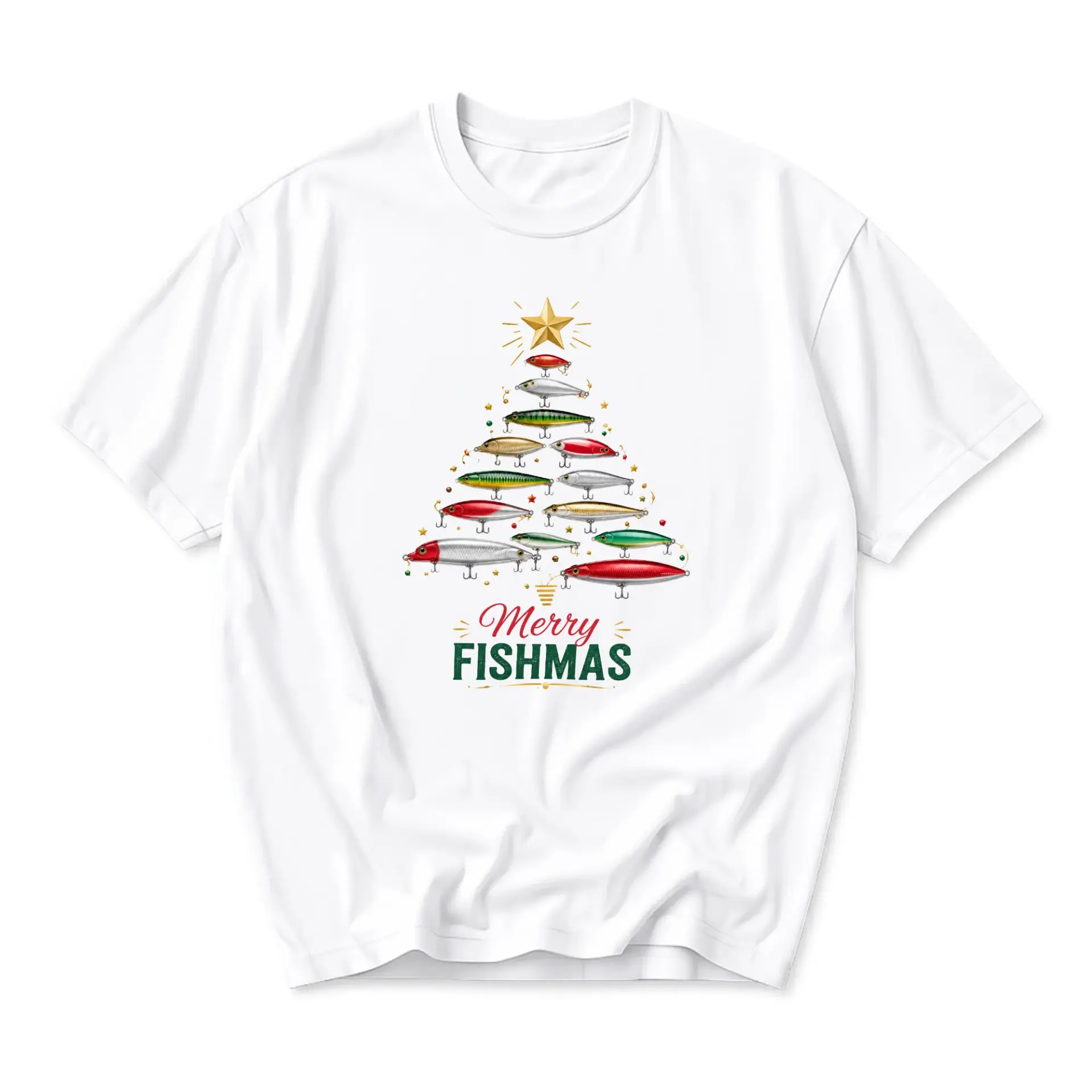 Funny Shirt Merry Fishmas Christmas Tree Graphic Tee Unisex Cotton Blend Casual Apparel for Holiday Season Fishing Fans