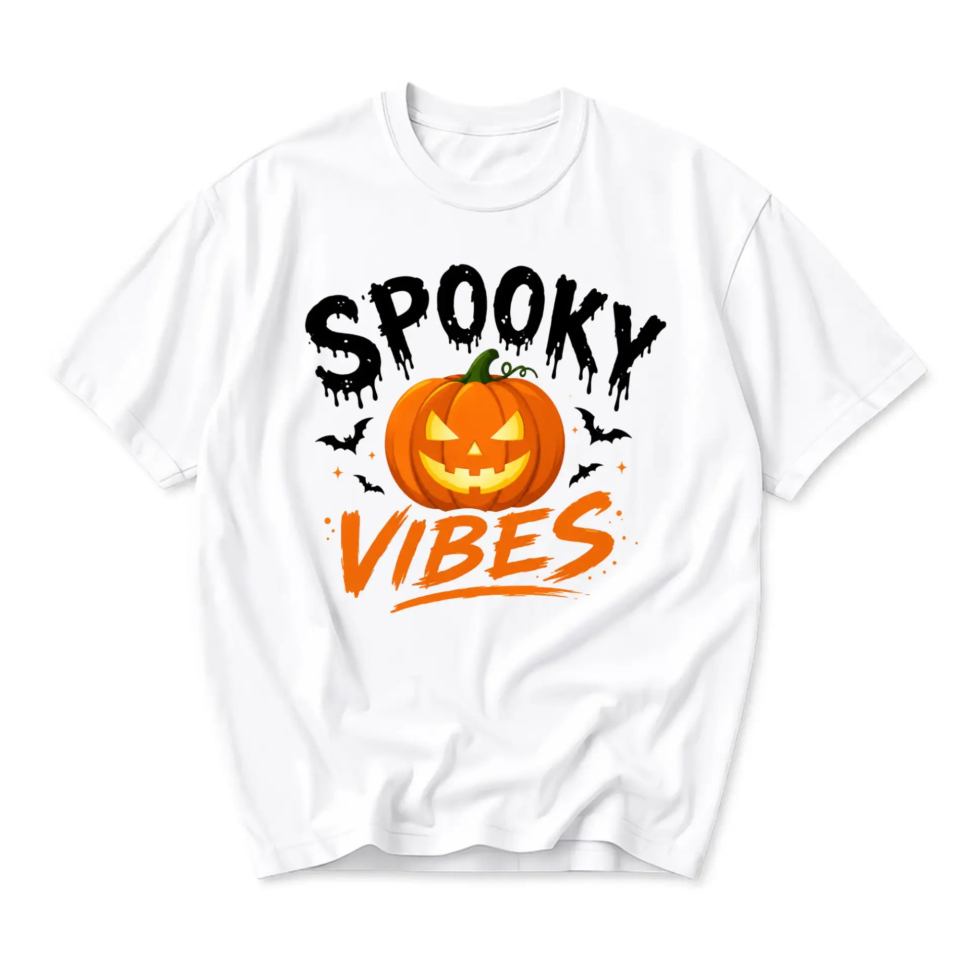 Graphic Tee Spooky Vibes Pumpkin Halloween Unisex Cotton Shirt for Casual Wear Fall Season Apparel Crew Neck Soft Top