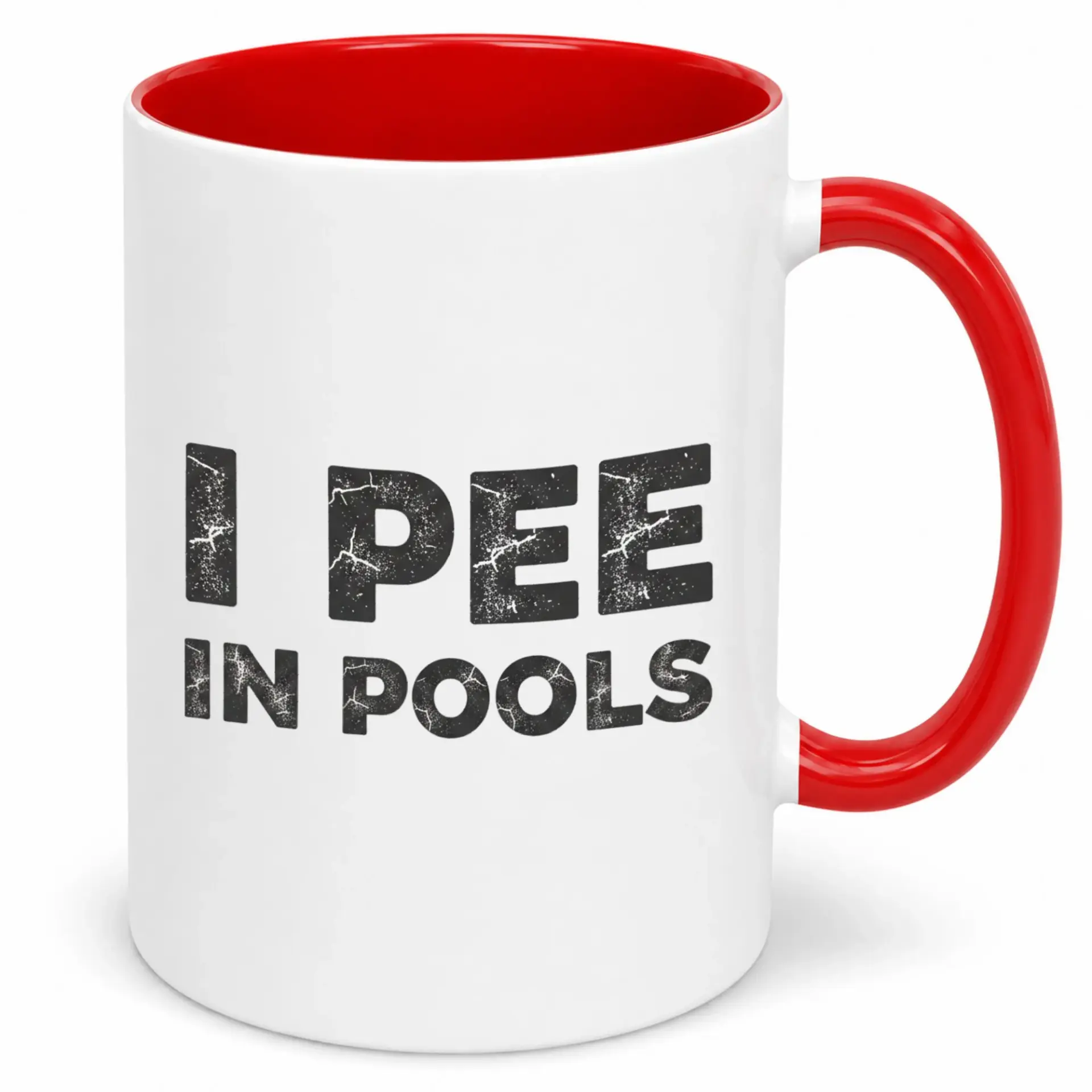 Funny Coffee Mug with "i Pee in Pools" Distressed Text Design White Ceramic Novelty Cup Red Handle for Drinkware Collection