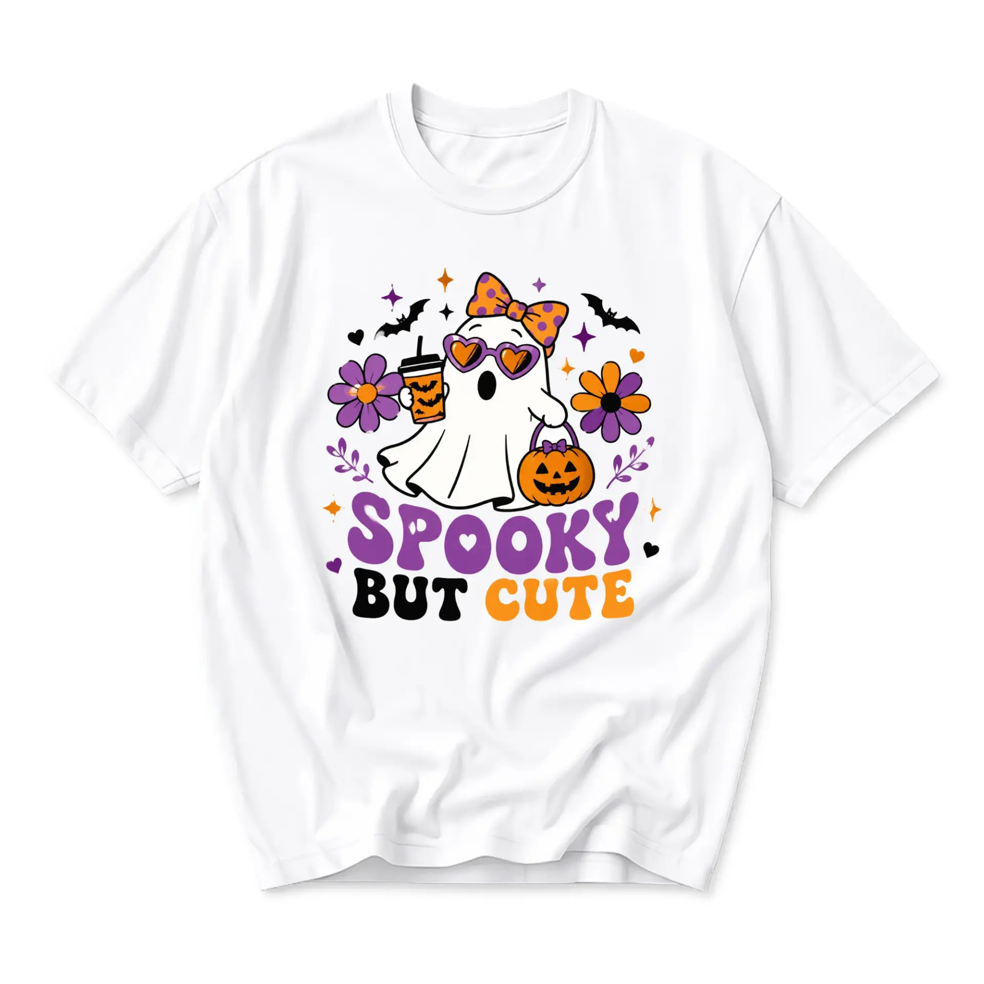 T-shirt Spooky but Cute Graphic Tee Featuring a Ghost Wearing a Polka Dot Bow and Heart Shaped Sunglasses for Fall