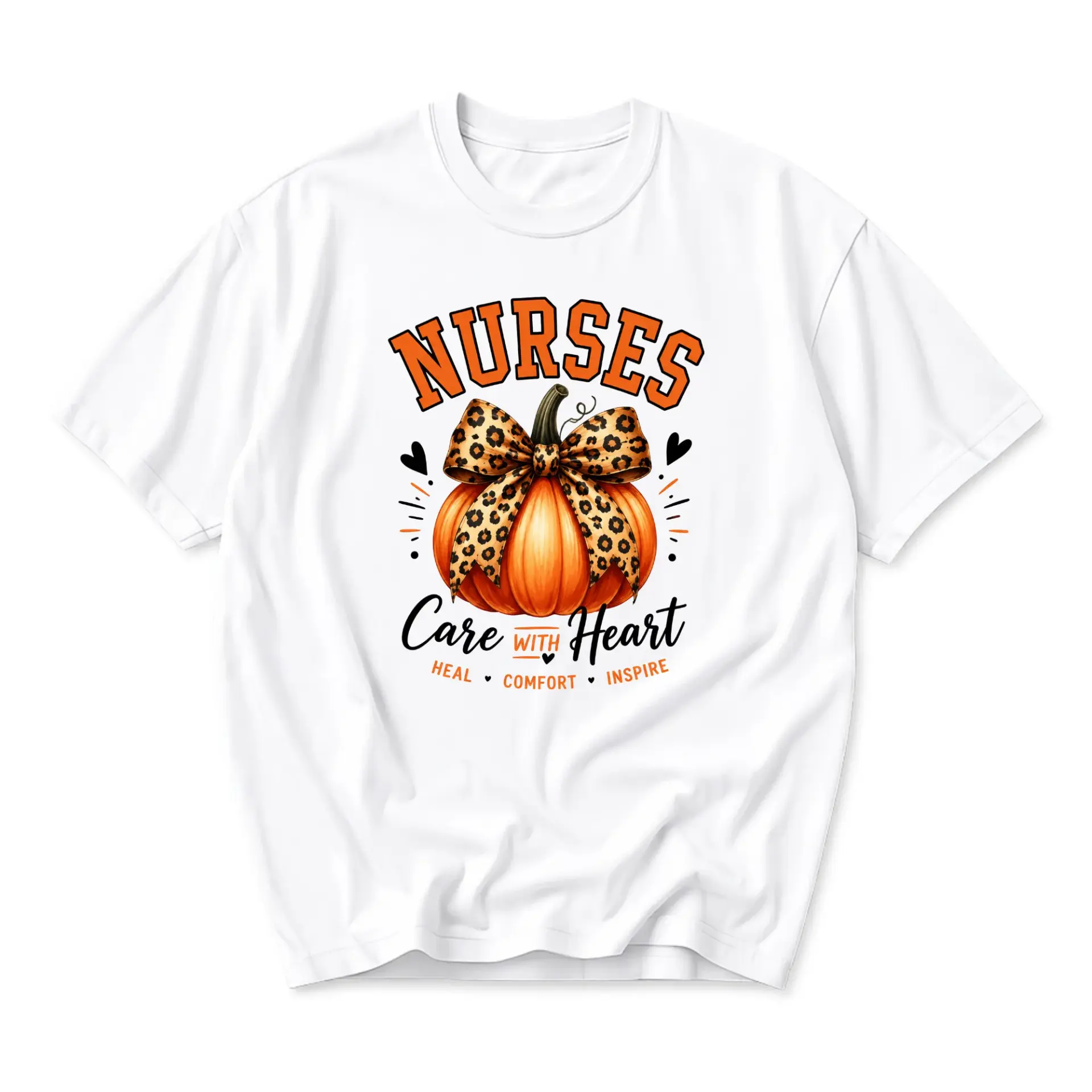 Graphic Tee Nurses Care with Heart Pumpkin Design Unisex Crew Neck Shirt for Casual Everyday Outfits and Gifts