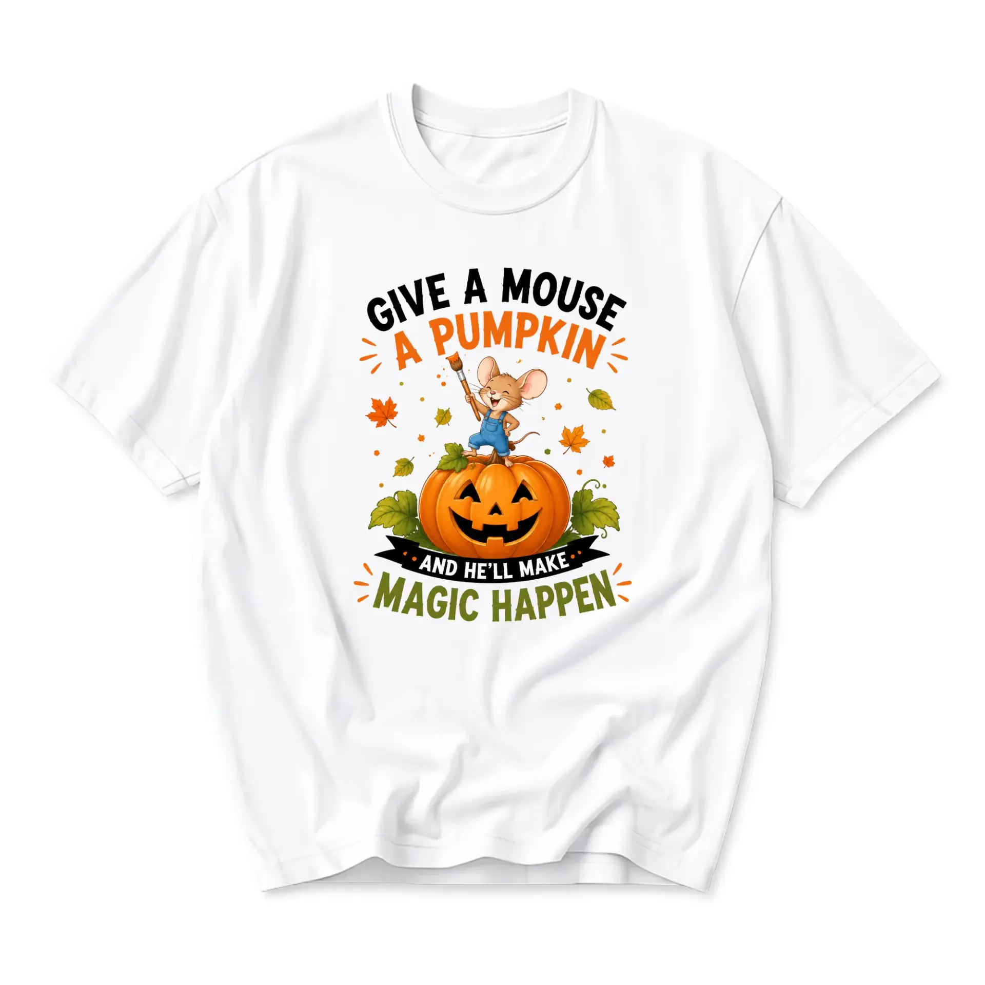 T-shirt Graphic Tee Featuring Cute Mouse Painting a Jack-O-Lantern Pumpkin Halloween Autumn Seasonal Apparel