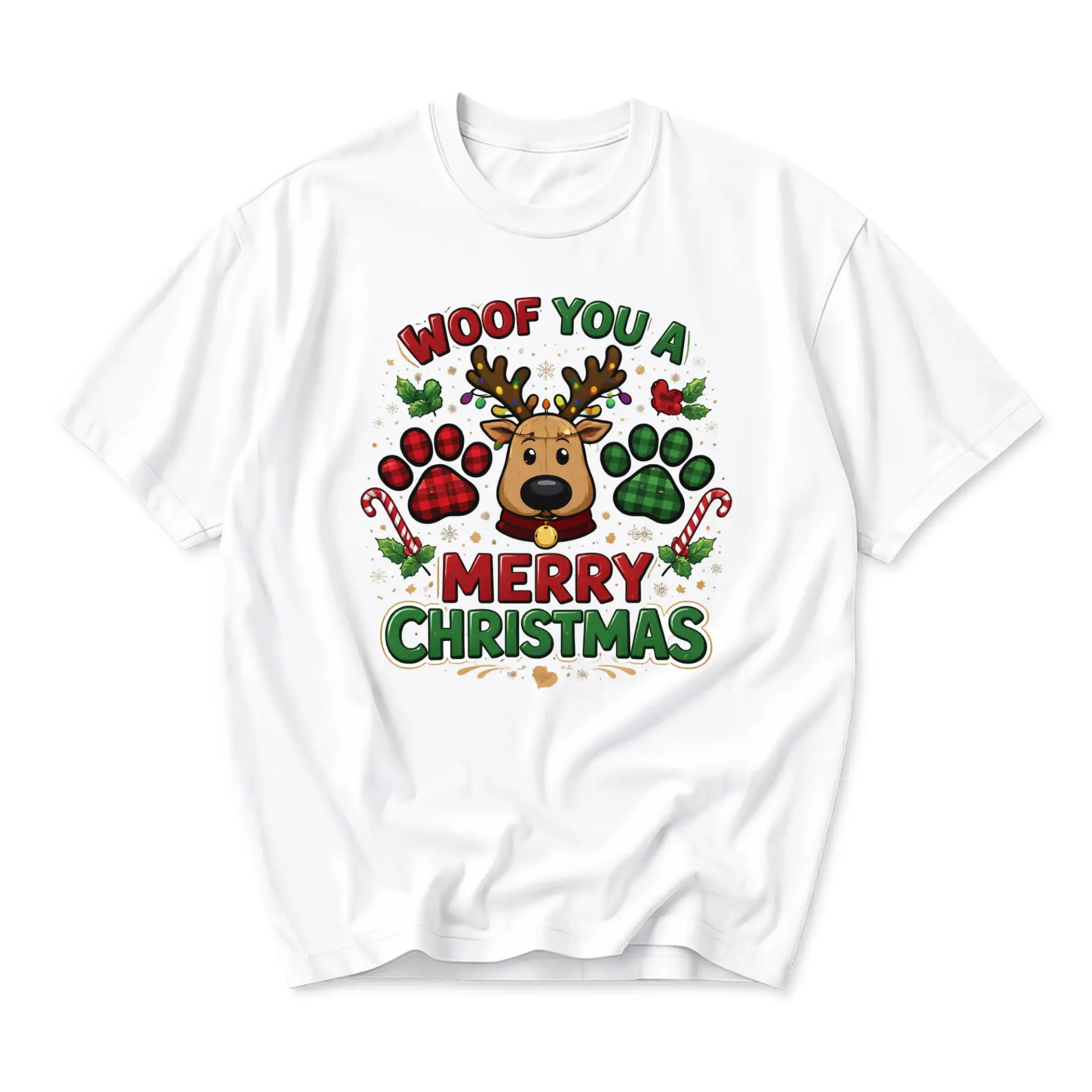 Funny Shirt Woof You a Merry Christmas Graphic Tee Reindeer Holiday Seasonal Short Sleeve Unisex Crew Neck Apparel