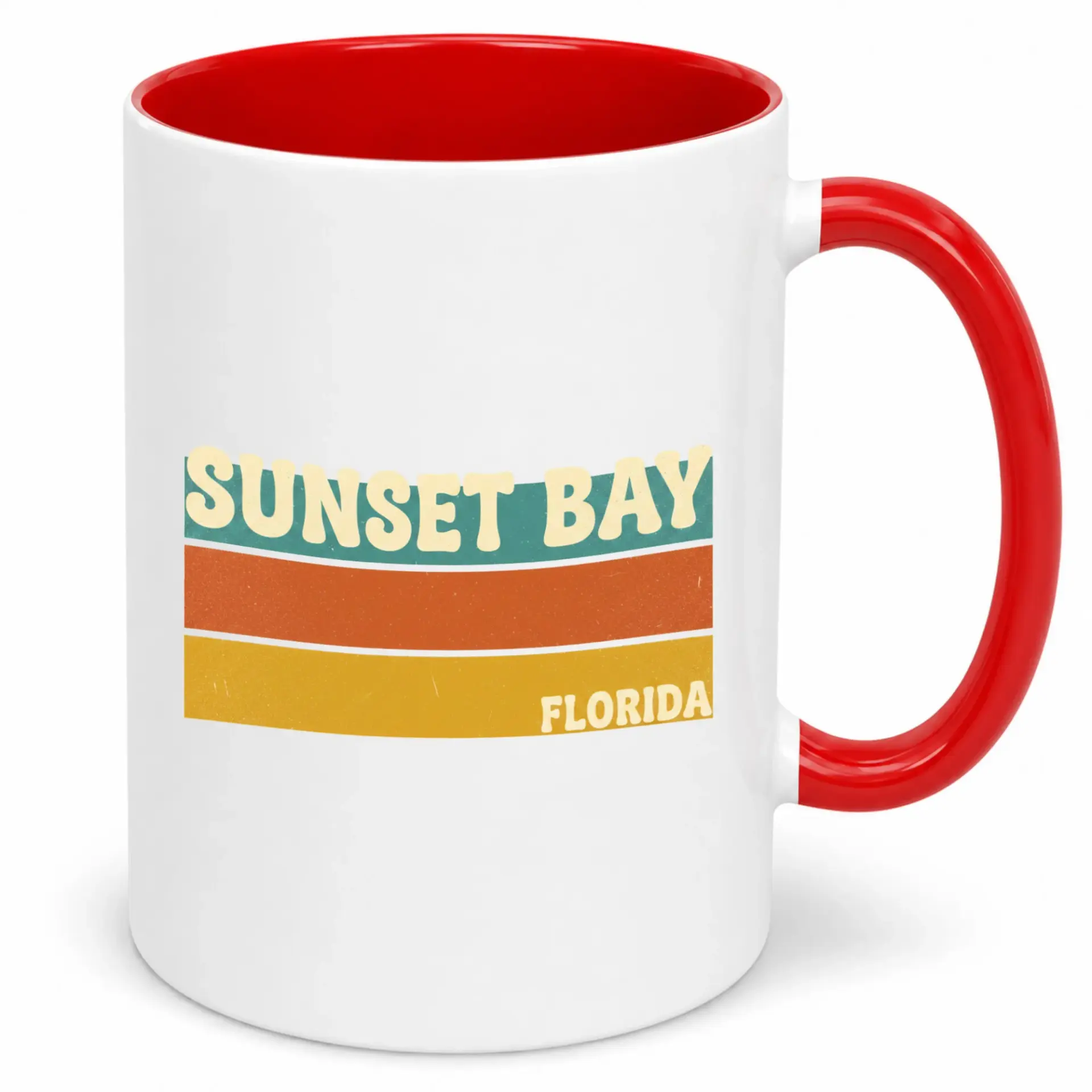Sunset Bay Florida Retro Stripe Ceramic Coffee Mug, Vintage Inspired Vacation Souvenir Drinkware for Home Office Kitchen, 11oz or 15oz Capacity