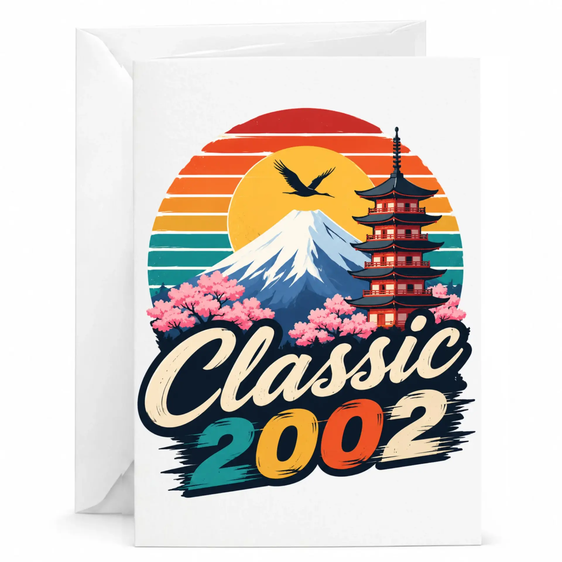Greeting Card Classic 2002 Vintage Sunset Mountain Japan Illustration Retro Style Stationery for Birthdays and Milestones