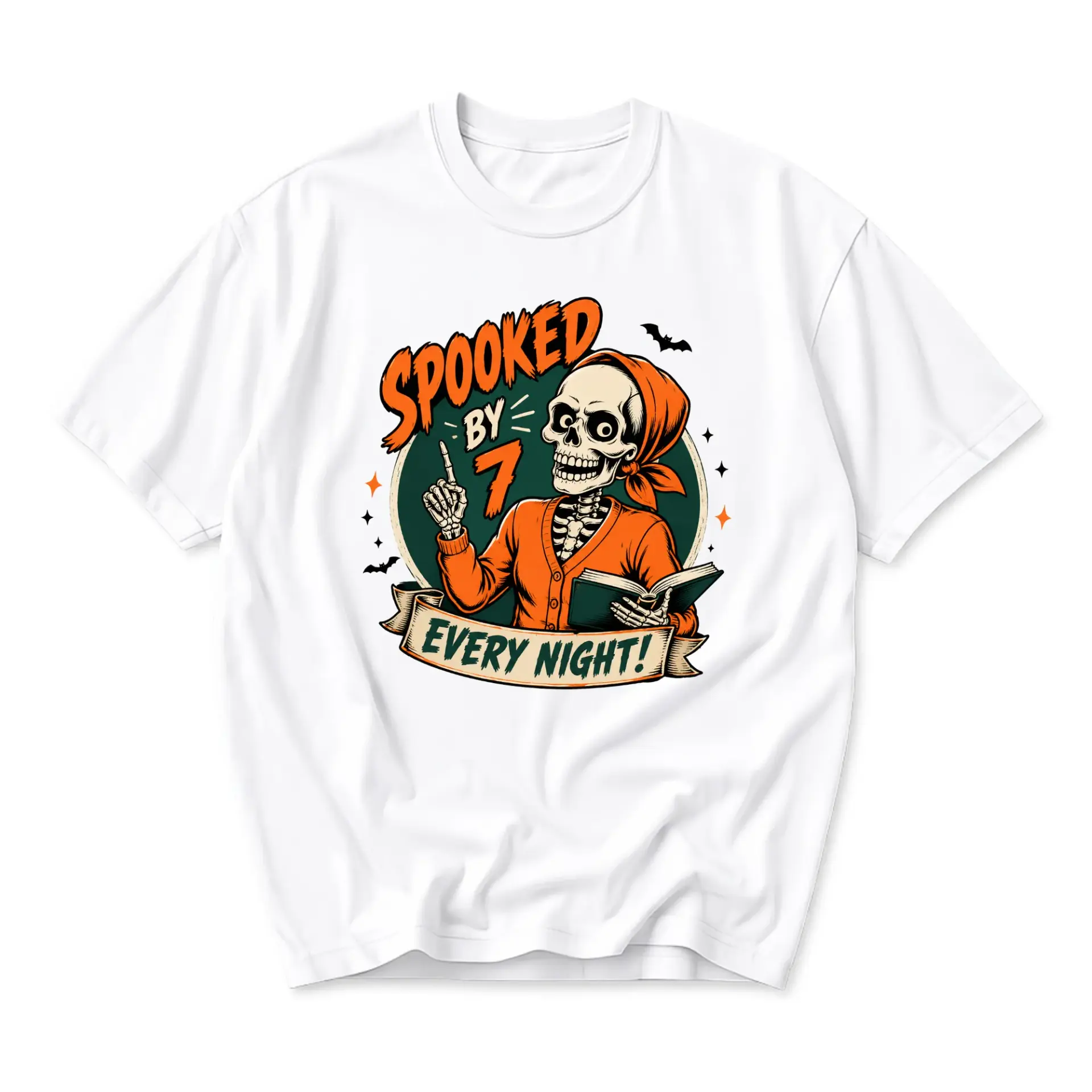 Funny Shirt Spooked by 7 Every Night Graphic Tee Skeleton Reading Book Art Unisex Casual Short Sleeve Crewneck Top