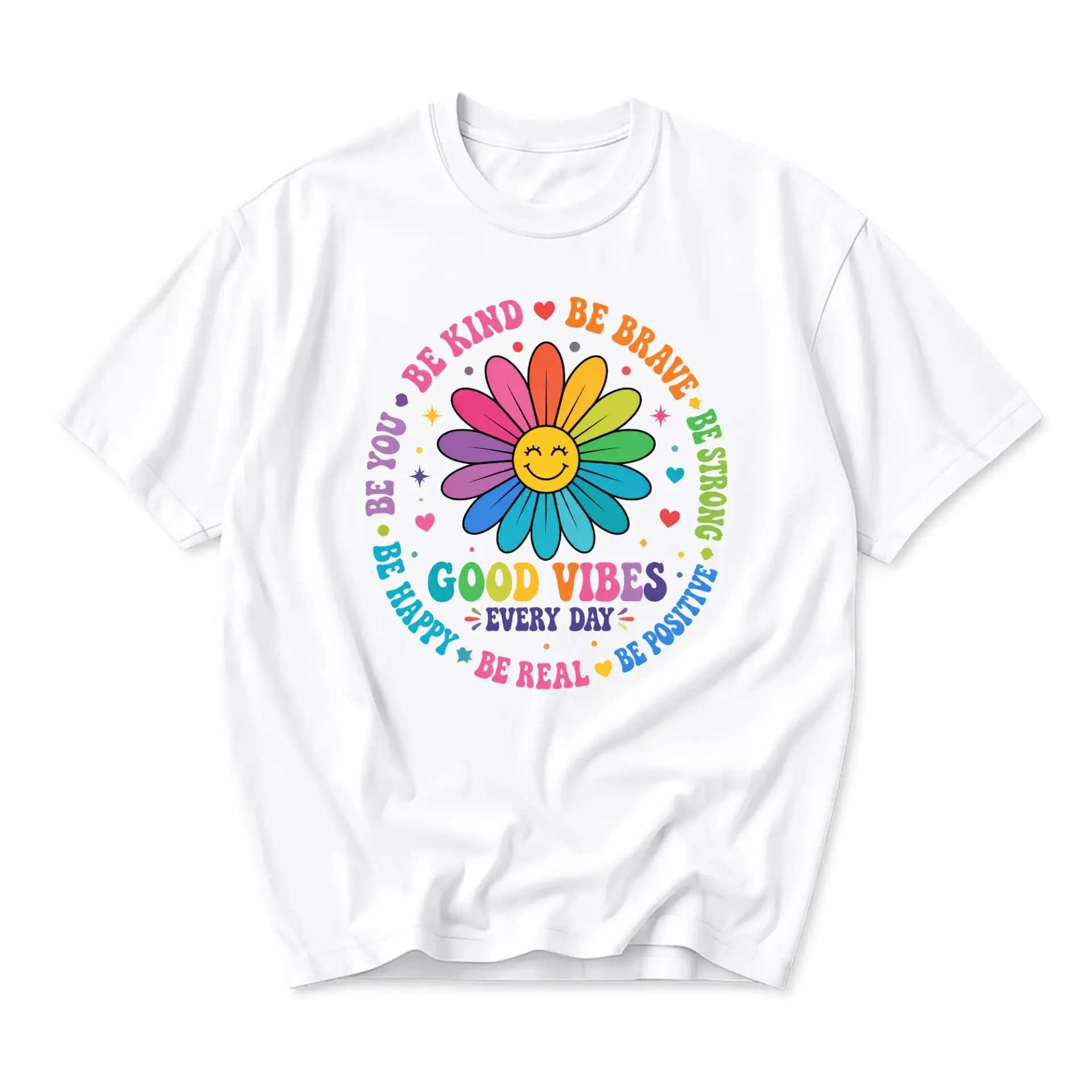 T-shirt Graphic Tee Good Vibes Daisy Flower Inspirational Quote Unisex Crew Neck Casual Everyday Top for Adults