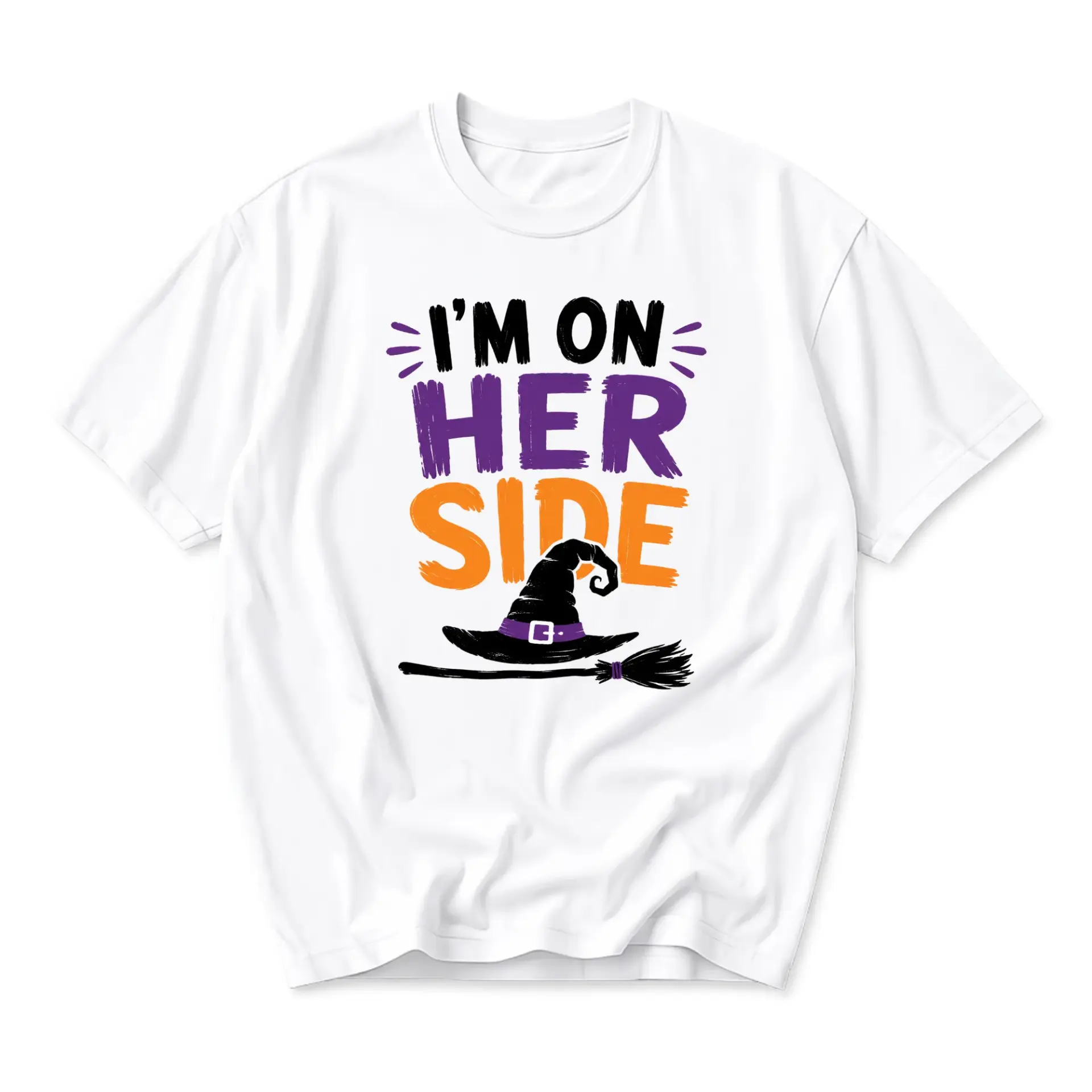 Funny Shirt I Am on Her Side Witch Hat Graphic Tee Casual Unisex Crew Neck Short Sleeve Cotton Apparel for Fall Events