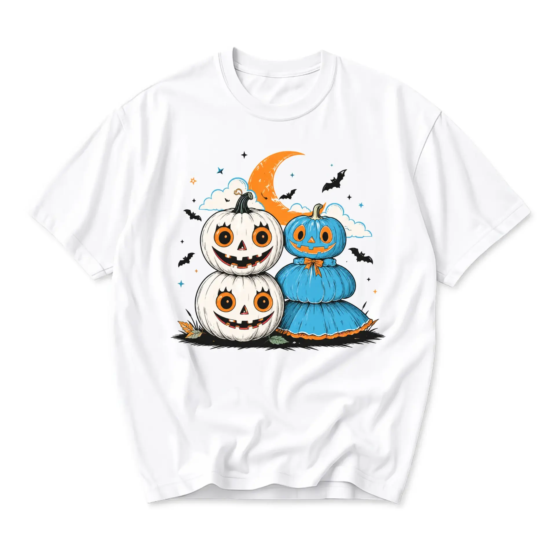 Graphic Tee Cute Halloween Pumpkin Duo Illustration Unisex Casual Short Sleeve Crew Neck Cotton Blend Shirt