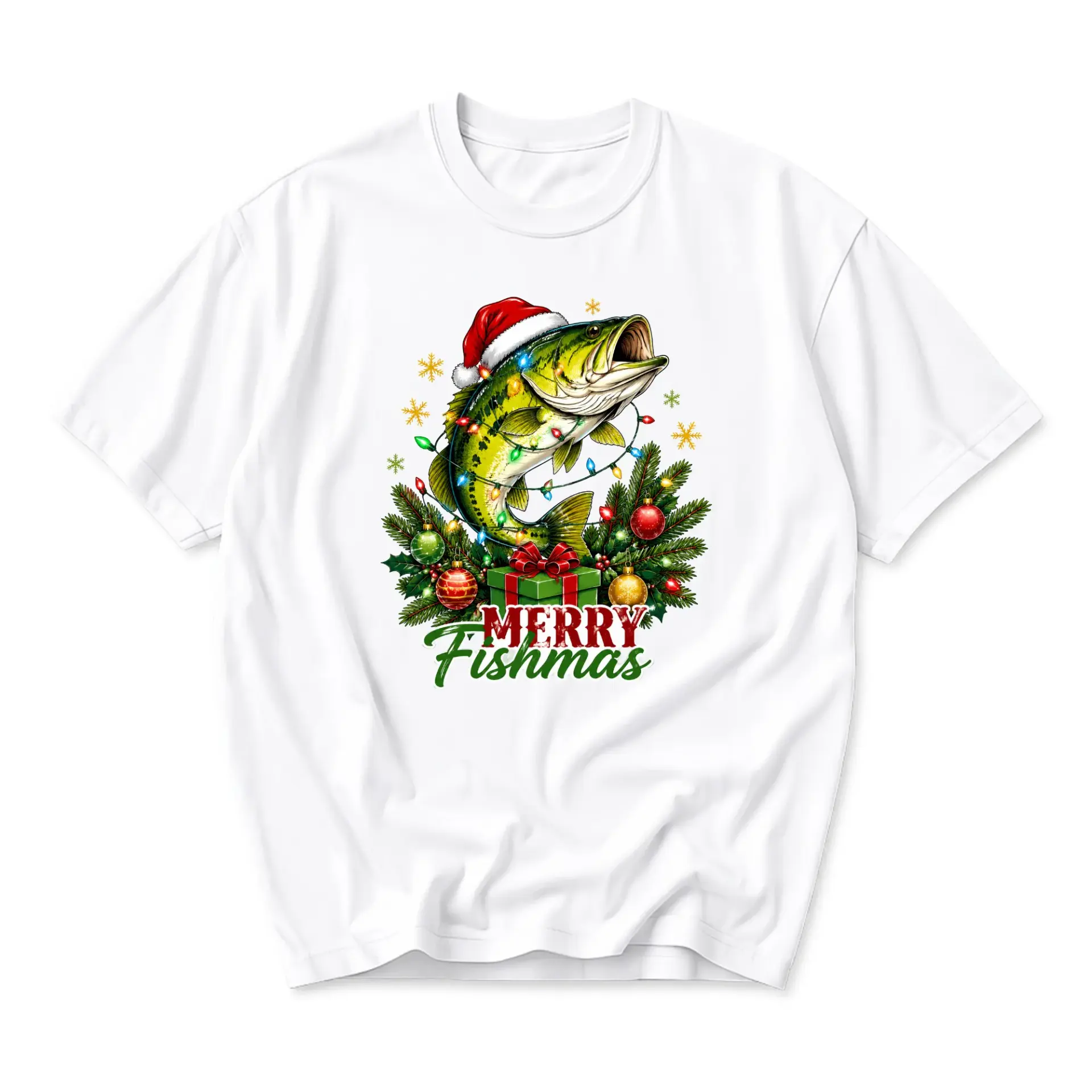Funny Shirt Merry Fishmas Holiday Graphic Tee Featuring a Fish Wearing a Santa Hat and Christmas Lights