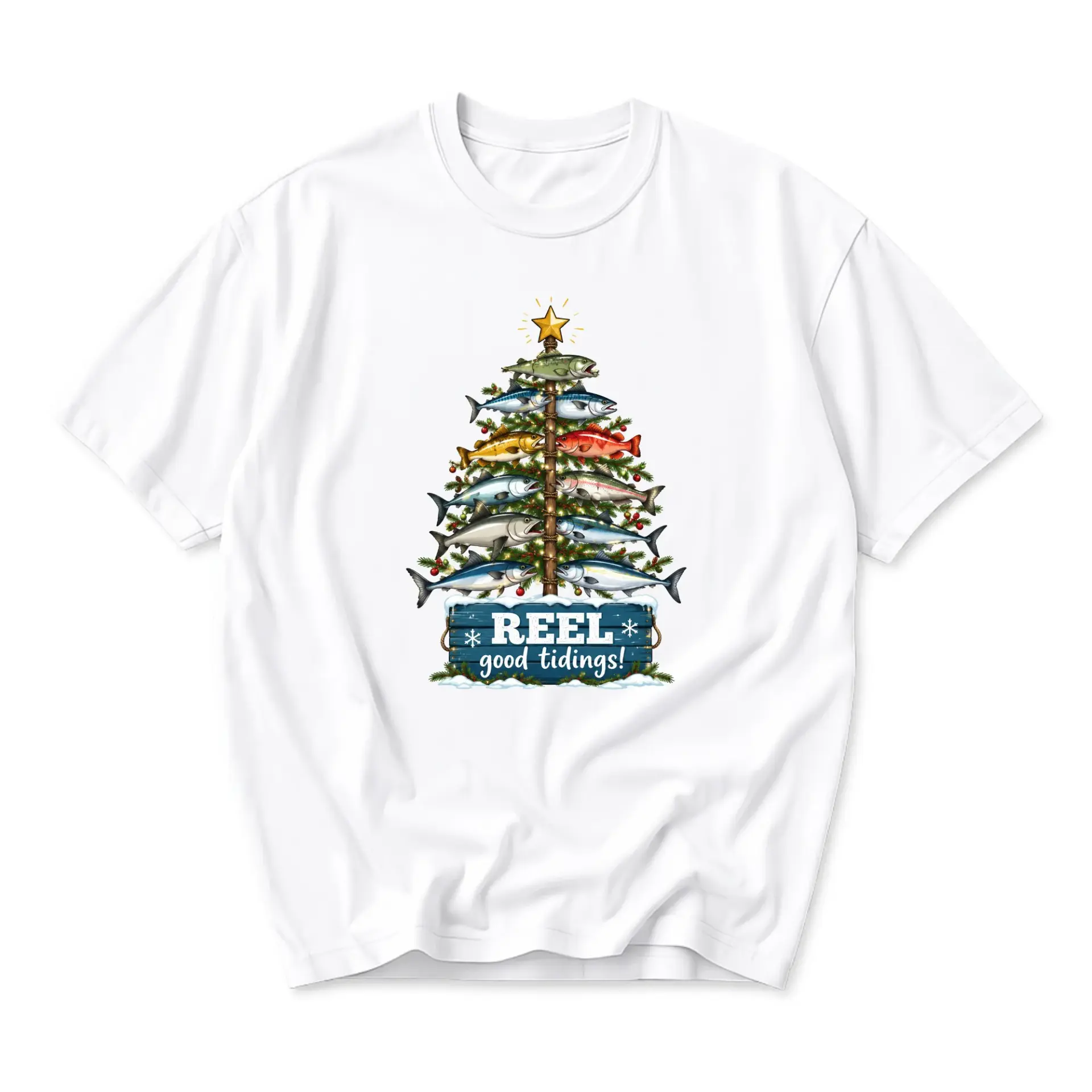 Funny Shirt Reel Good Tidings Christmas Tree Graphic Tee Unisex Fishing
