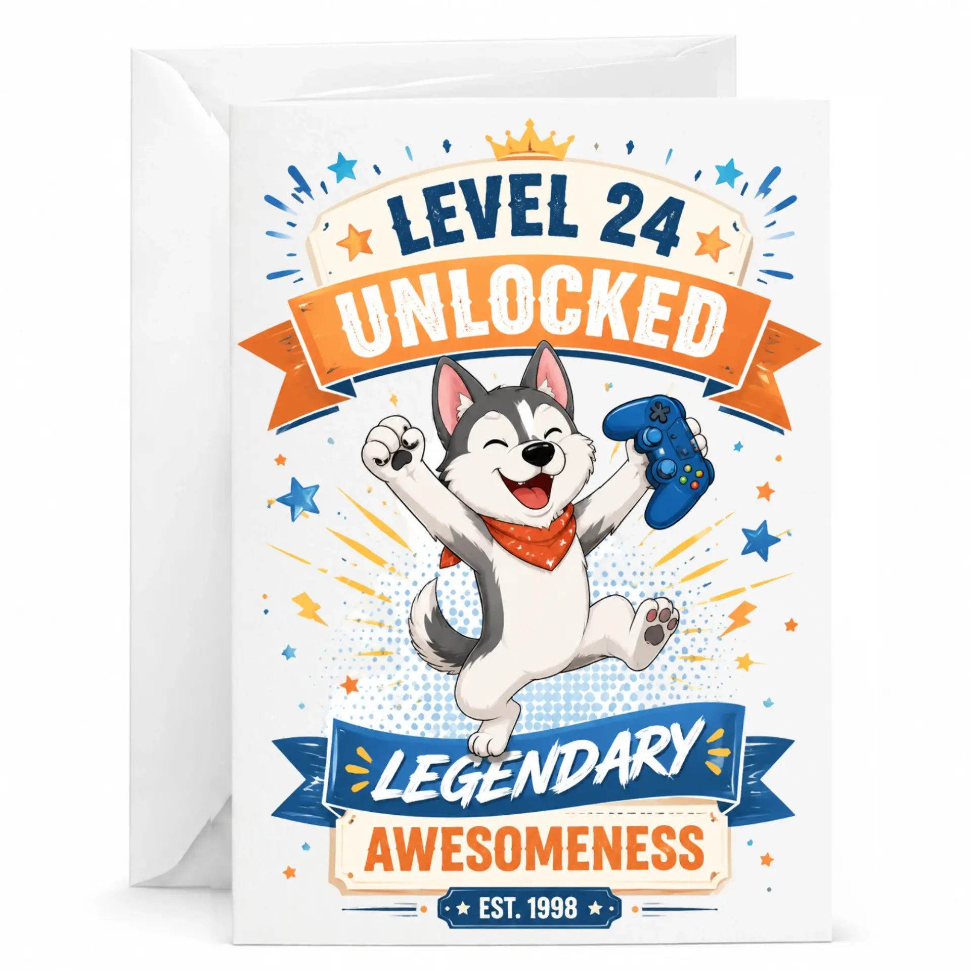 Funny Birthday Card Level 24 Unlocked Gaming Theme Greeting Card for Gamer Milestone Celebration with White Envelope