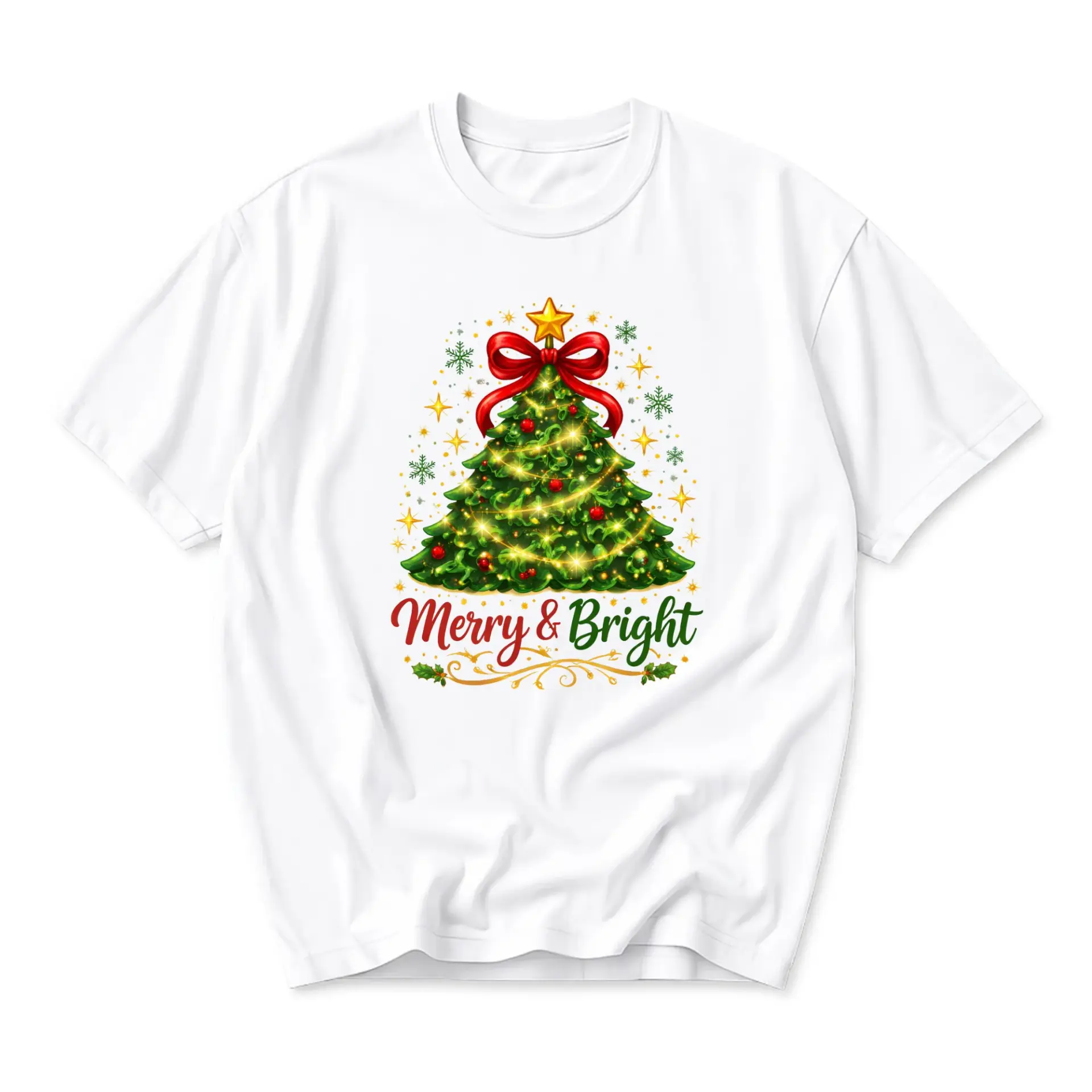Graphic Tee Merry and Bright Christmas Tree Shirt Unisex Casual Holiday Short Sleeve Crew Neck Cotton Print Apparel