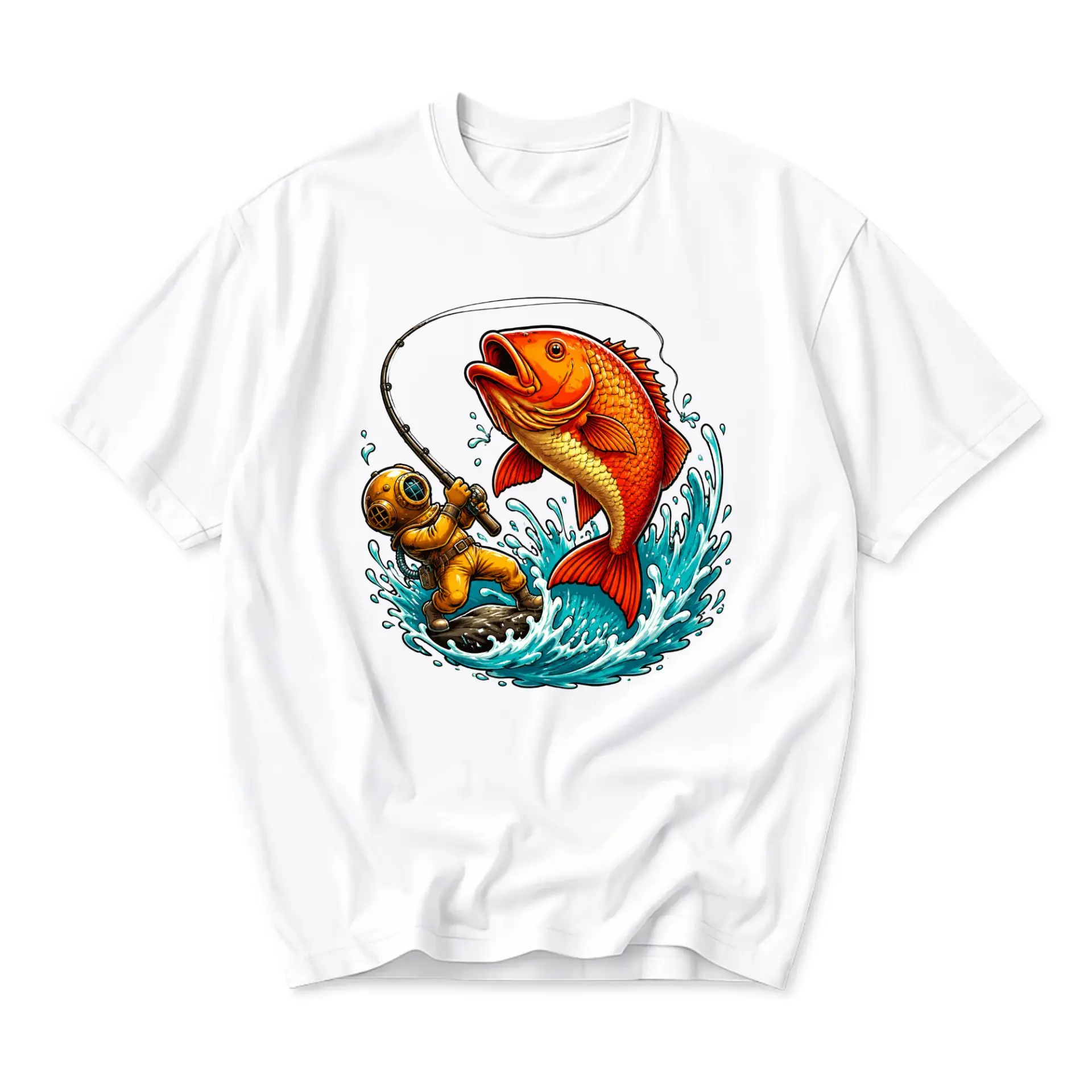 Graphic Tee Unisex Crew Neck T-Shirt Featuring a Vintage Deep Sea Diver Fishing a Large Vibrant Orange Fish