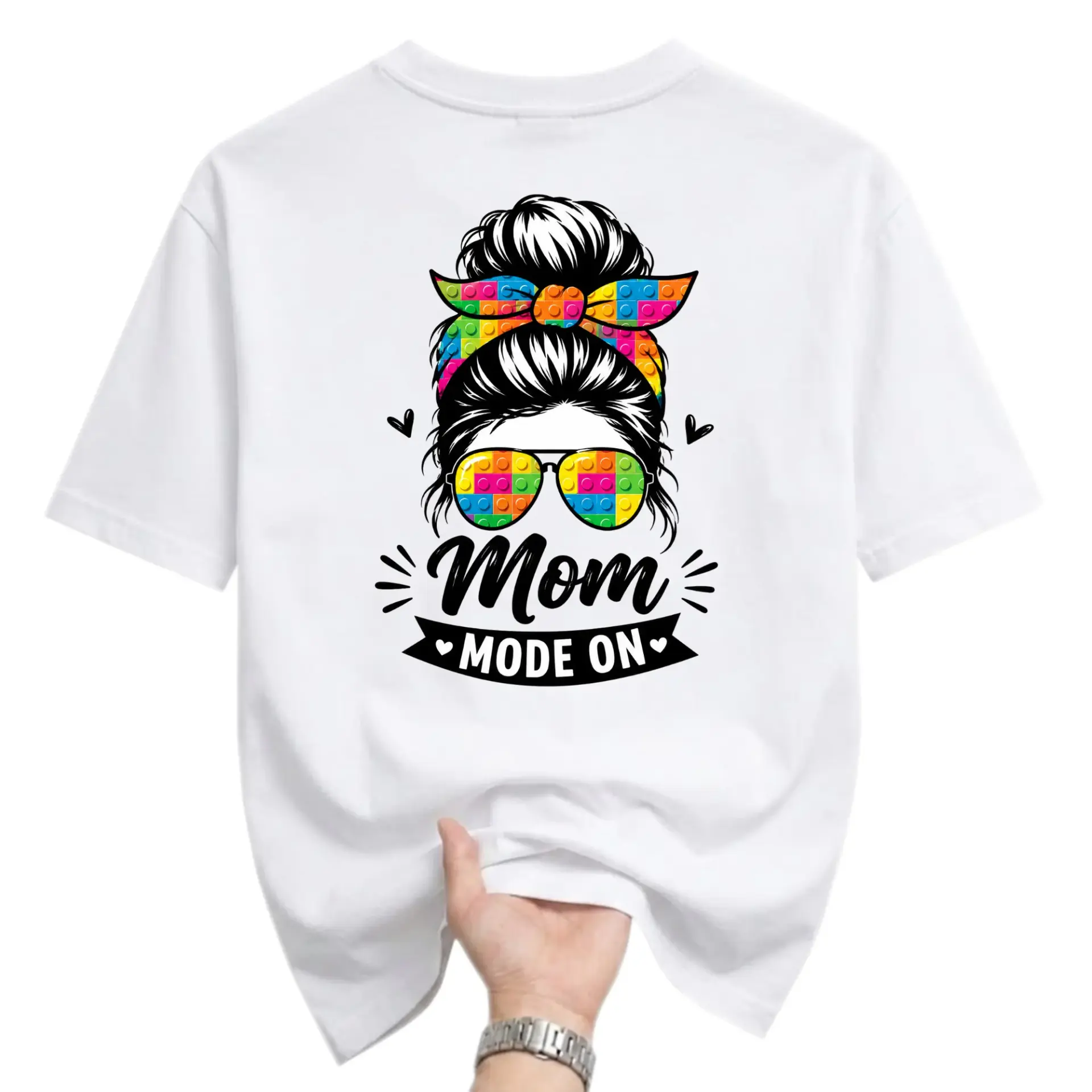 Graphic Tee Mom Mode on Unisex T-Shirt Colorful Building Block Pattern Messy Bun Sunglasses Print Casual Top