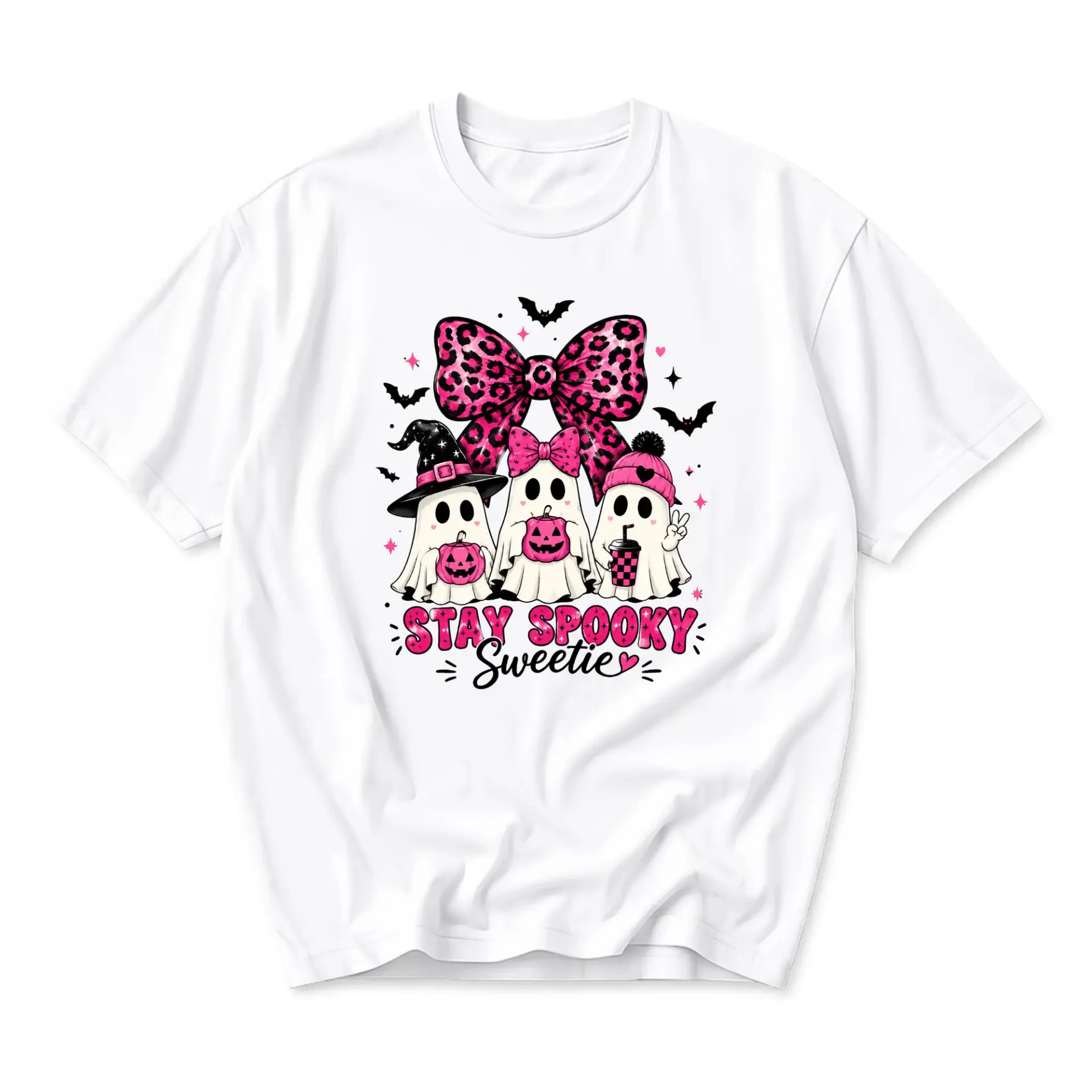 Funny Shirt Stay Spooky Sweetie Pink Halloween Ghost Graphic Tee Casual Unisex Crew Neck Short Sleeve Apparel Top