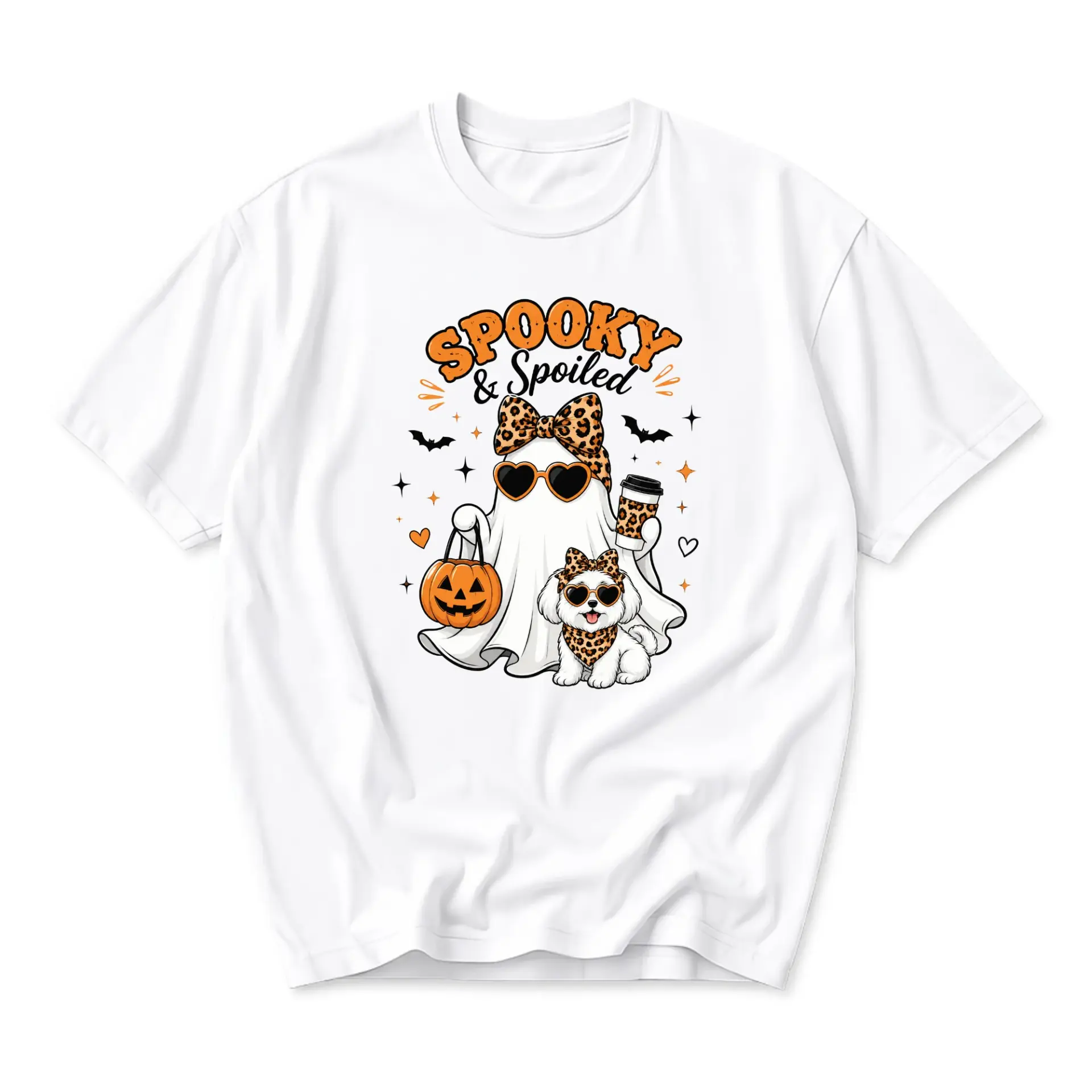 Funny Shirt Spooky and Spoiled Graphic Tee Casual Unisex Crew Neck Holiday Outfit Soft Preshrunk Cotton Apparel Top