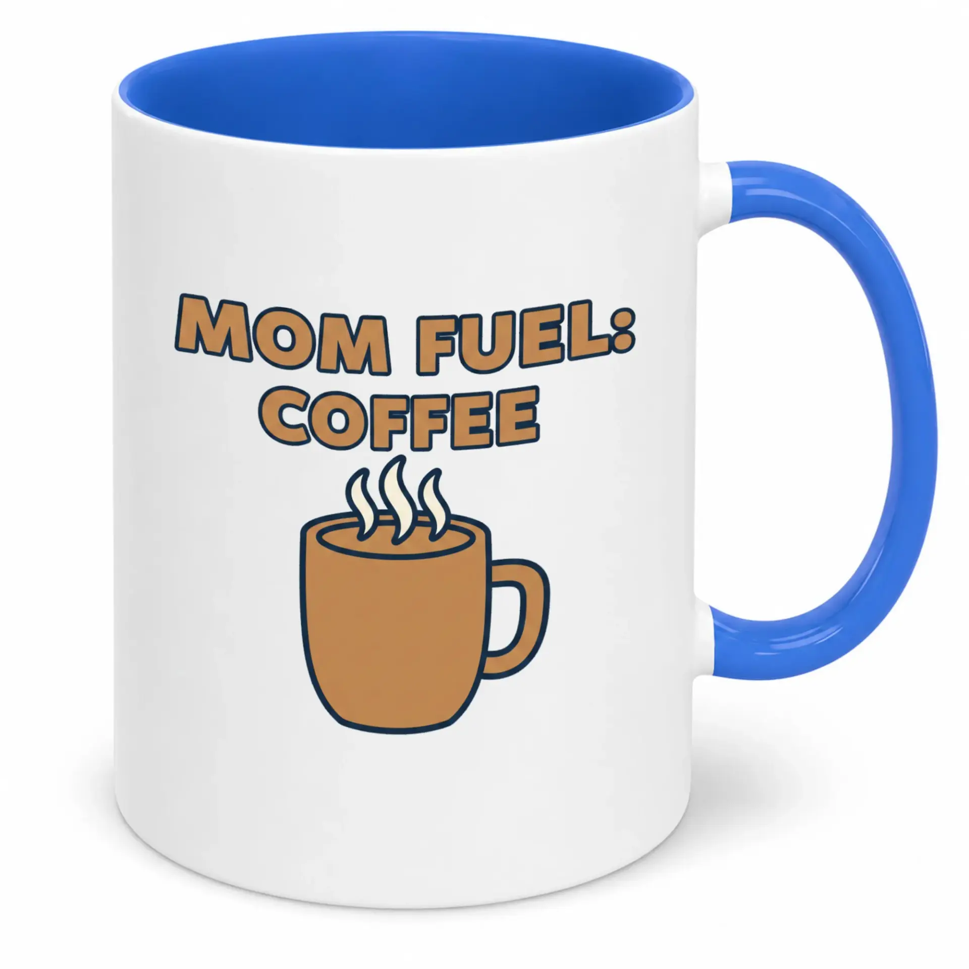 Funny Mom Fuel Coffee Mug, Premium White Ceramic Beverage Cup with Blue Handle & Interior, Unique Gift for Mothers on Any Occasion