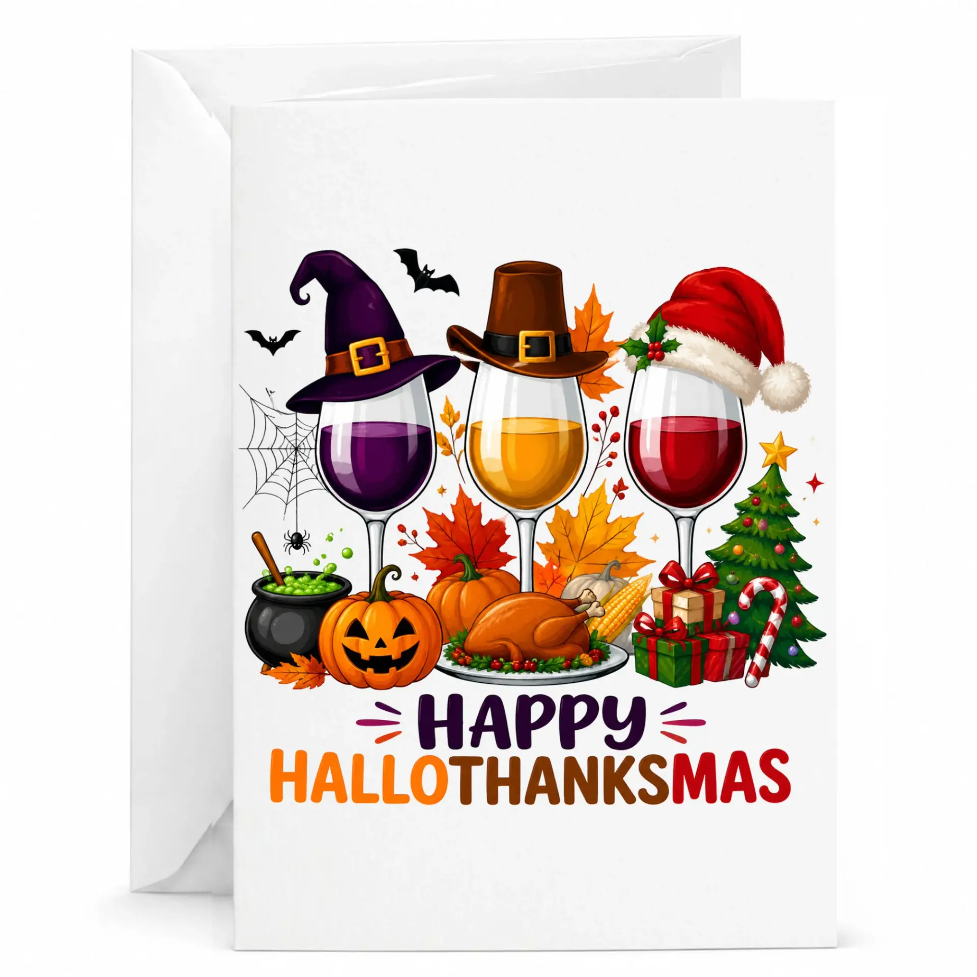 Funny Greeting Card Happy Hallothanksmas Wine Glasses Seasonal Holiday Combination Design 5x7 Inches Folded Stationary