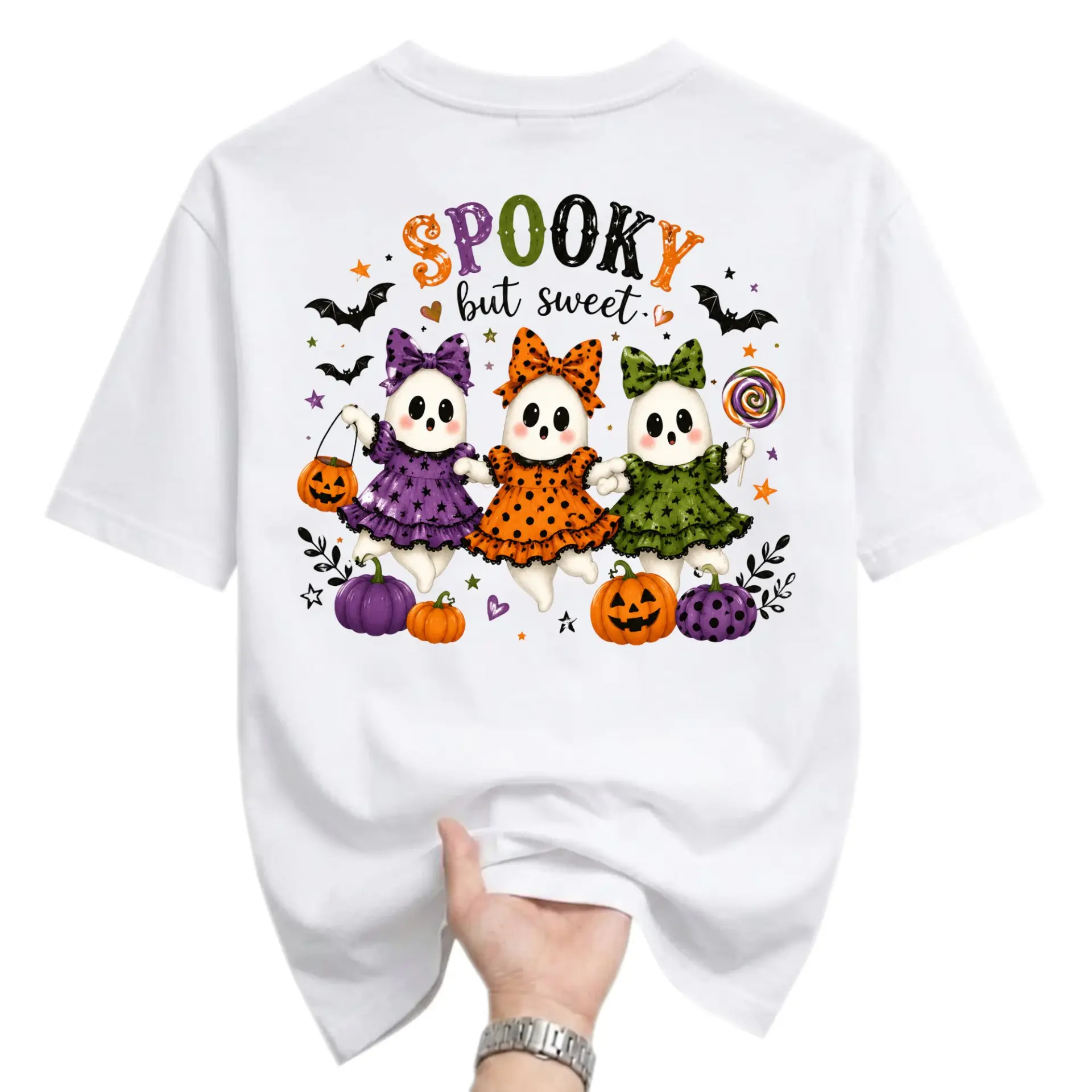Funny Shirt Spooky but Sweet Ghost Graphic Tee Seasonal Autumn Fall Holiday Unisex Short Sleeve Crew Neck Top