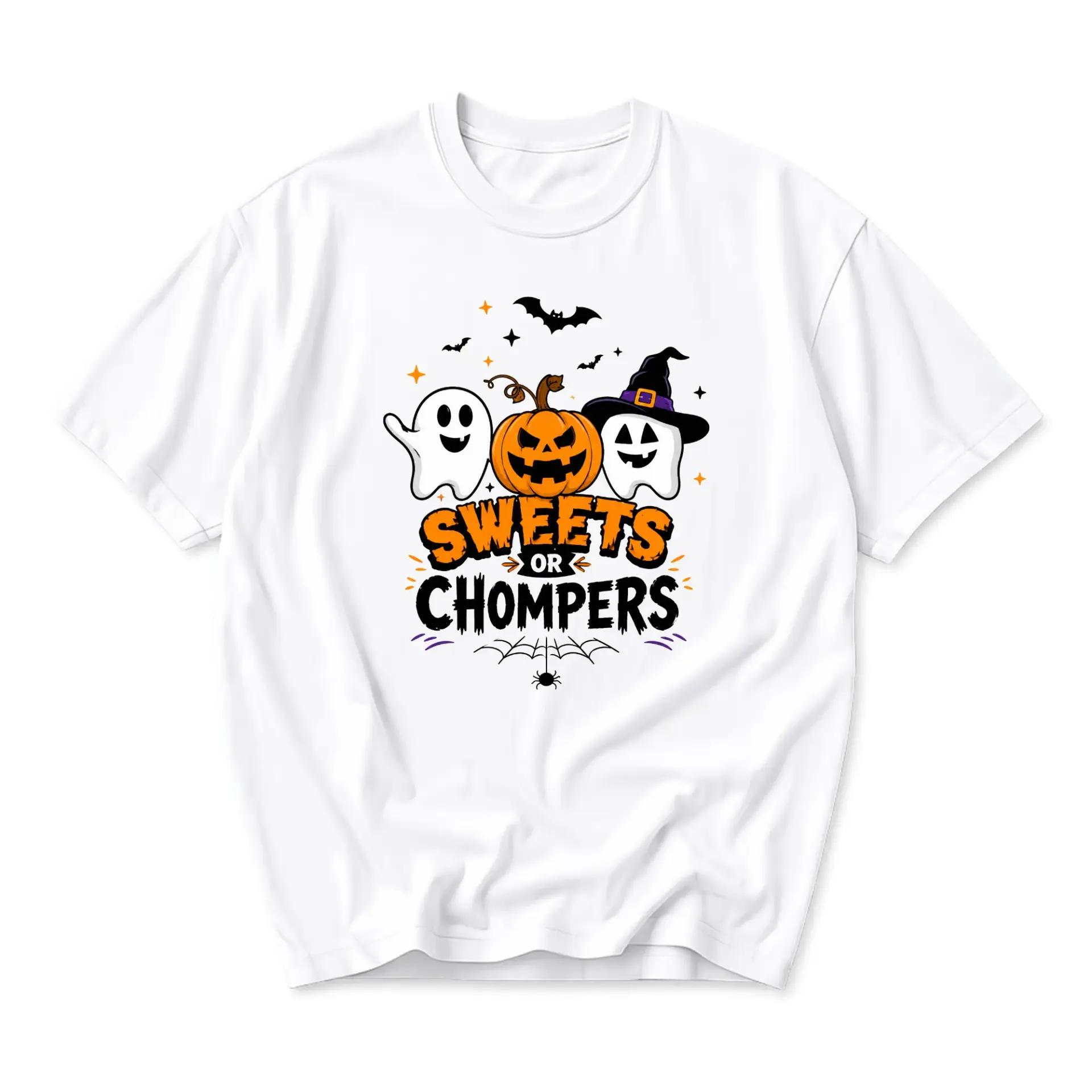 Funny Shirt Sweets or Chompers Halloween Graphic Tee Unisex Crew Neck Short Sleeve Soft Casual Cotton Blend Top Apparel