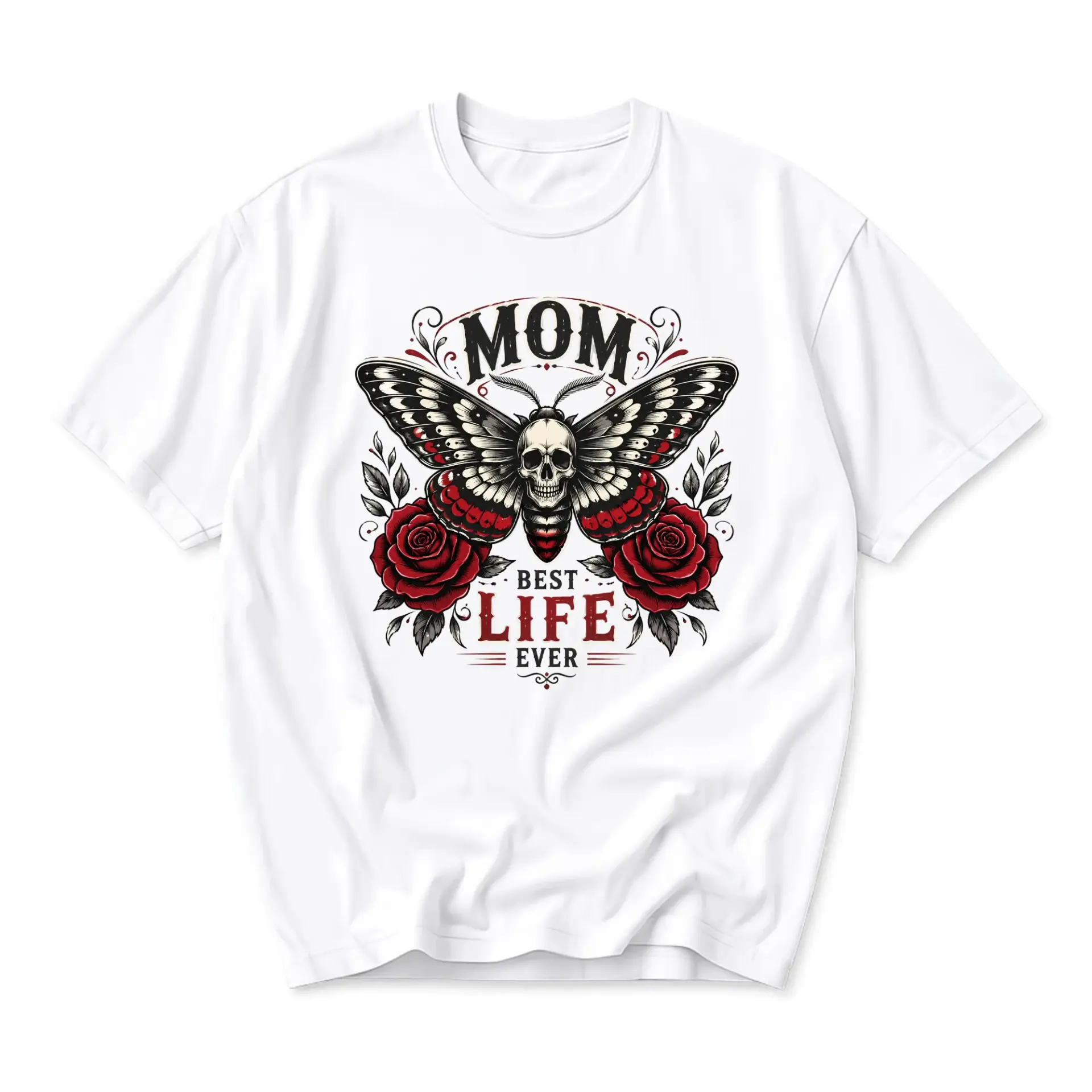 Graphic Tee Mom Best Life Ever Butterfly Skull Rose Design Unisex Cotton Crew Neck Casual Short Sleeve Shirt