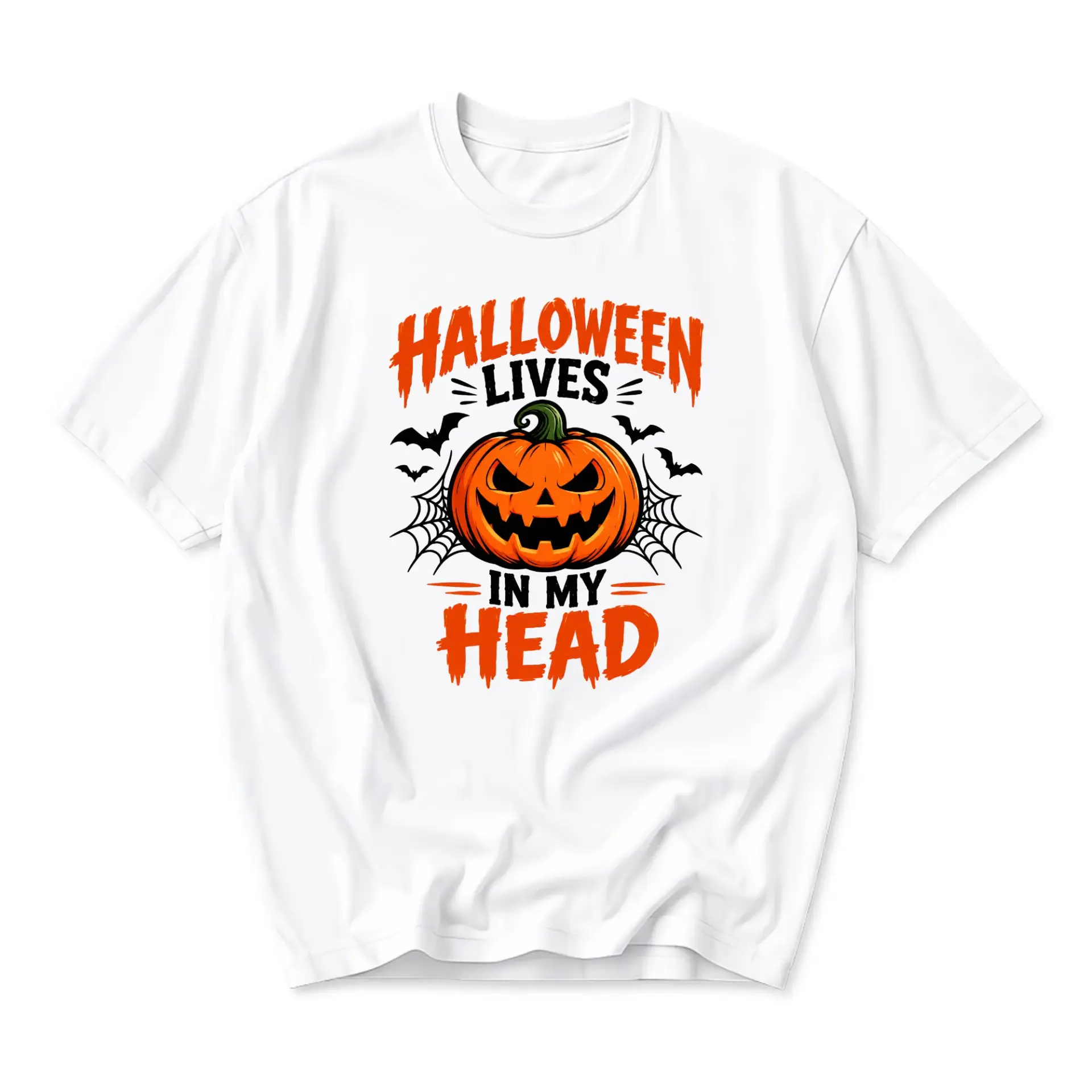 Funny Shirt Halloween Lives in My Head Graphic Tee Spooky Pumpkin Illustration Unisex Crew Neck Cotton Top White