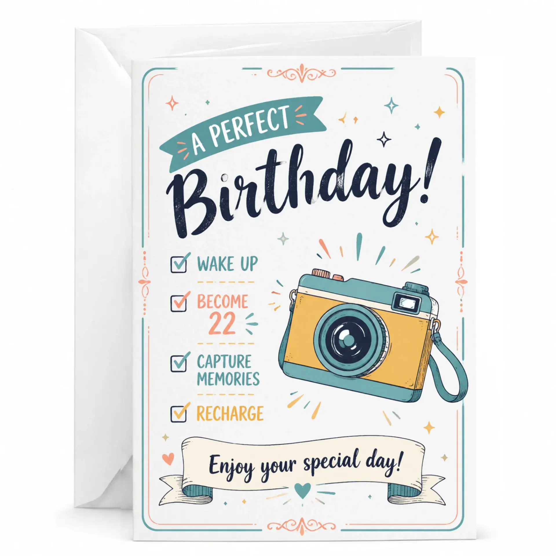 Birthday Card for Photography Lovers Vintage Camera Illustration 5x7 Folded Greeting Card with Matching White Envelope