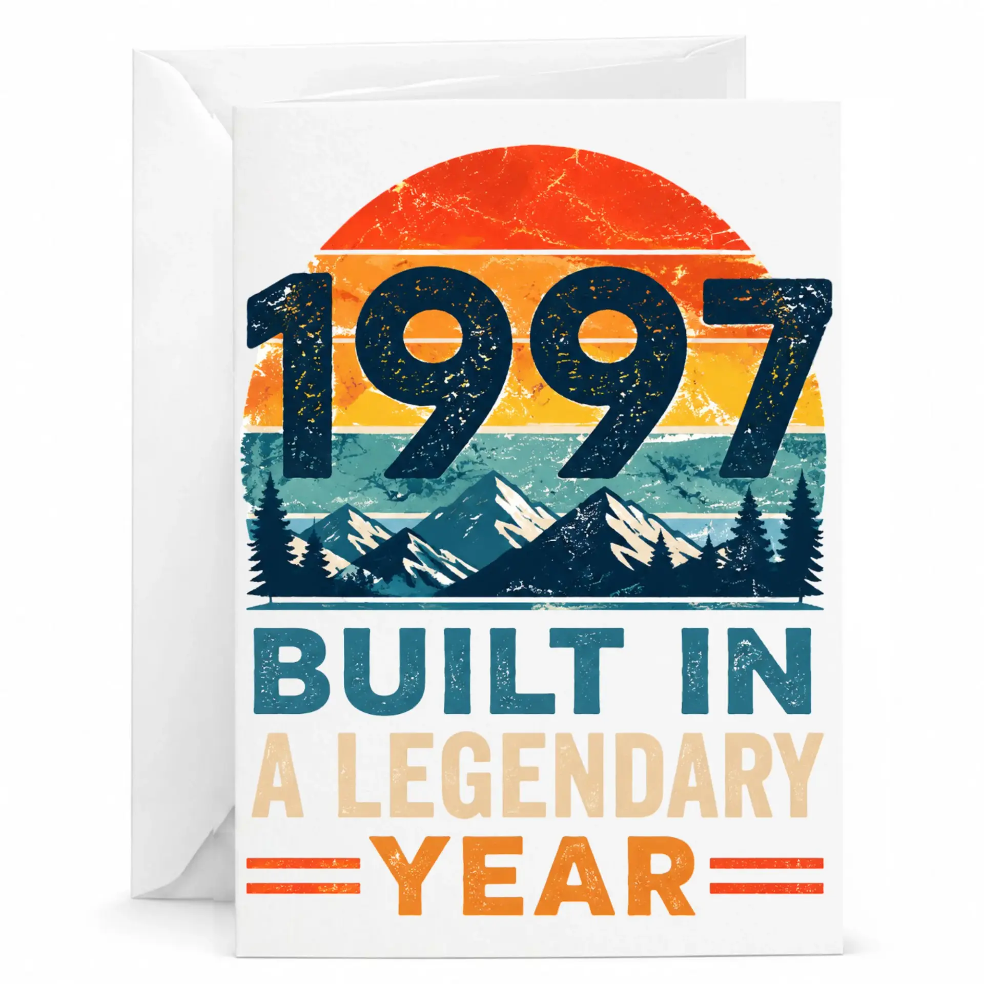 Birthday Card 1997 Built in a Legendary Year Vintage Retro Sunset Mountain Design Greeting Card for Milestone Birthdays