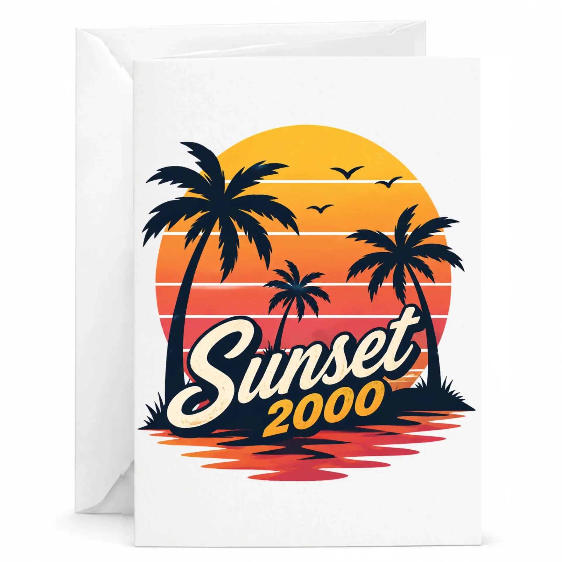 Greeting Card Sunset 2000 Tropical Palm Tree Design Retro Aesthetic Stationery for Thoughtful Messages and Notes